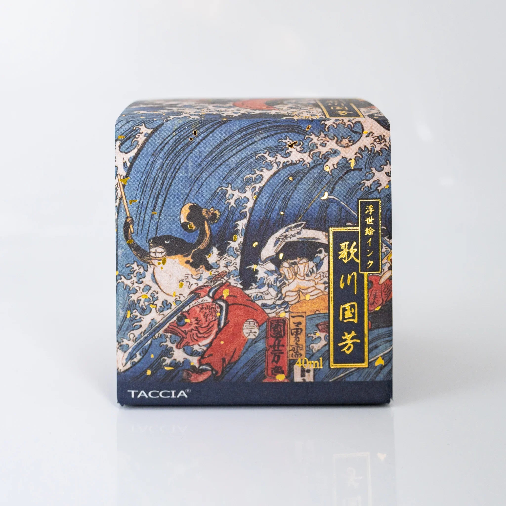 TACCIA Kuniyoshi Aomenou box panel showing waves and warrior from Kuniyoshi's Princess Tamatori ukiyo-e.