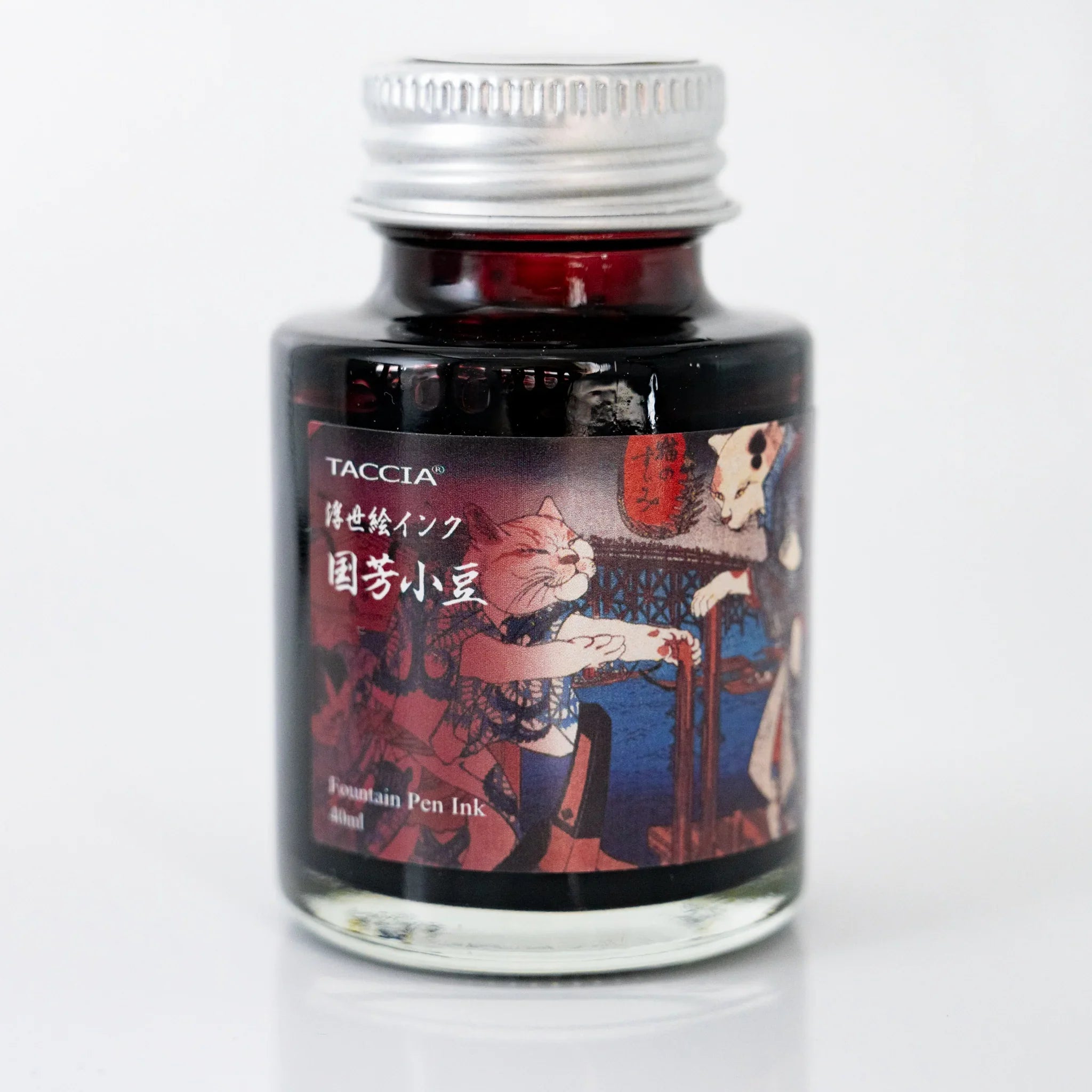 TACCIA Kuniyoshi Azuki 40ml Japanese fountain pen ink bottle showing label artwork by Utagawa Kuniyoshi.