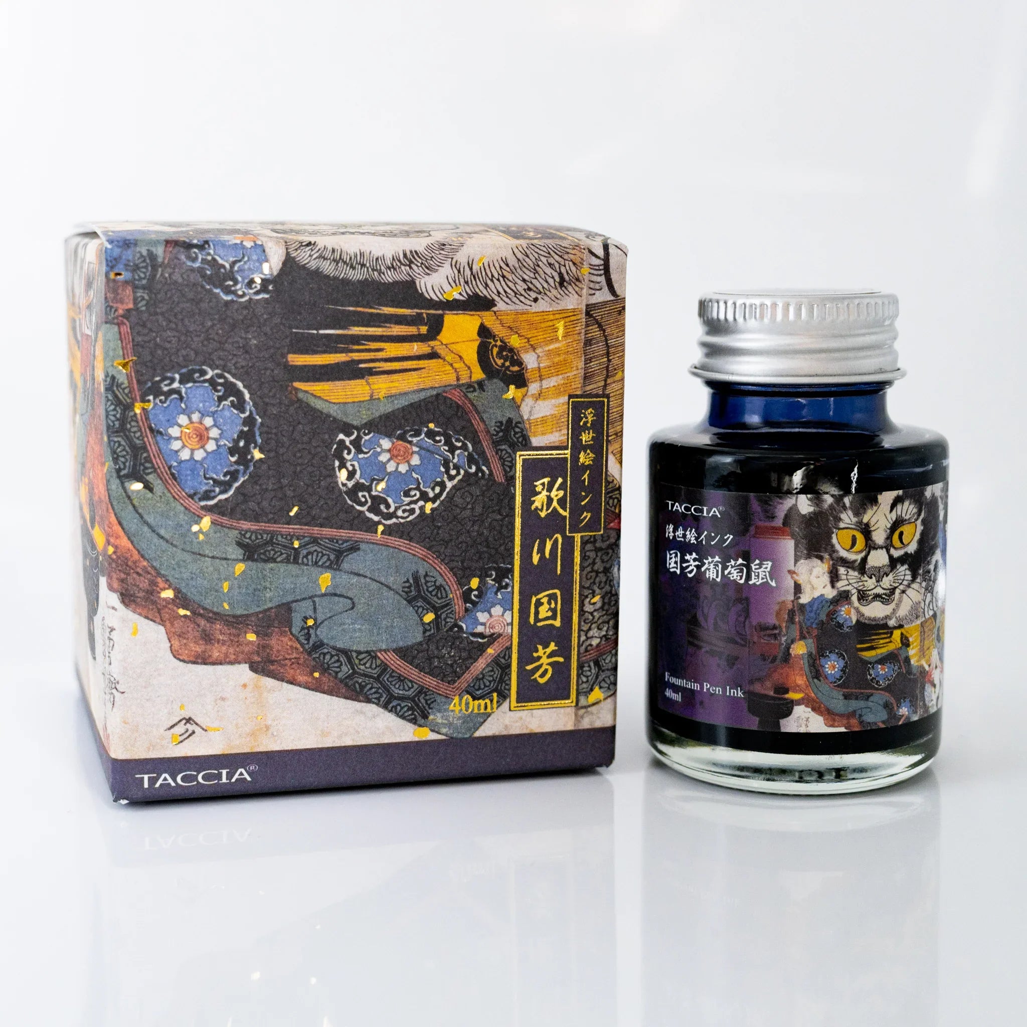TACCIA Ukiyo-e Kuniyoshi Budounezu 40ml Japanese fountain pen ink bottle and box printed with Cat Stone of Okabe.