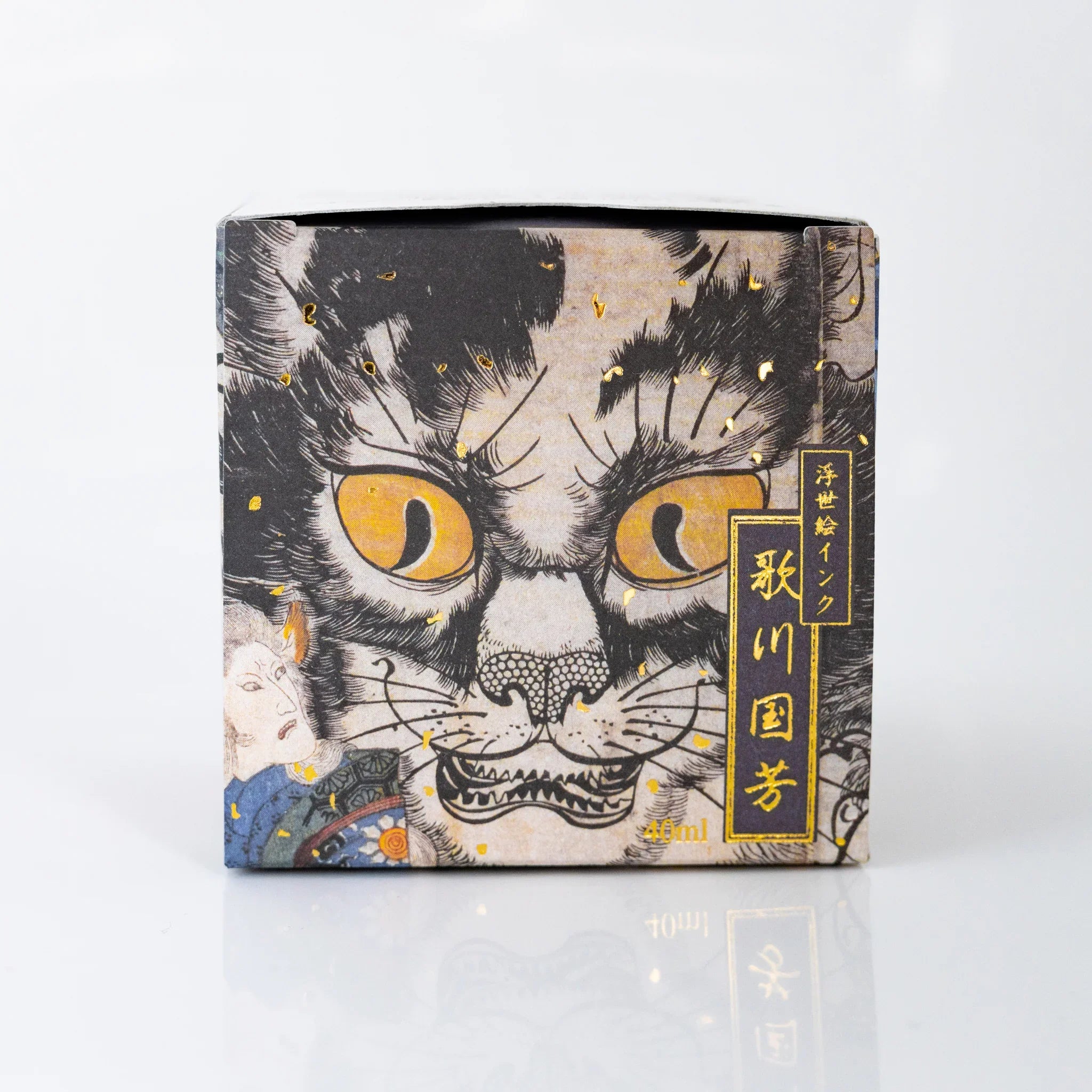 TACCIA Kuniyoshi Budounezu box panel showing giant cat face from Kuniyoshi's Cat Stone of Okabe ukiyo-e.