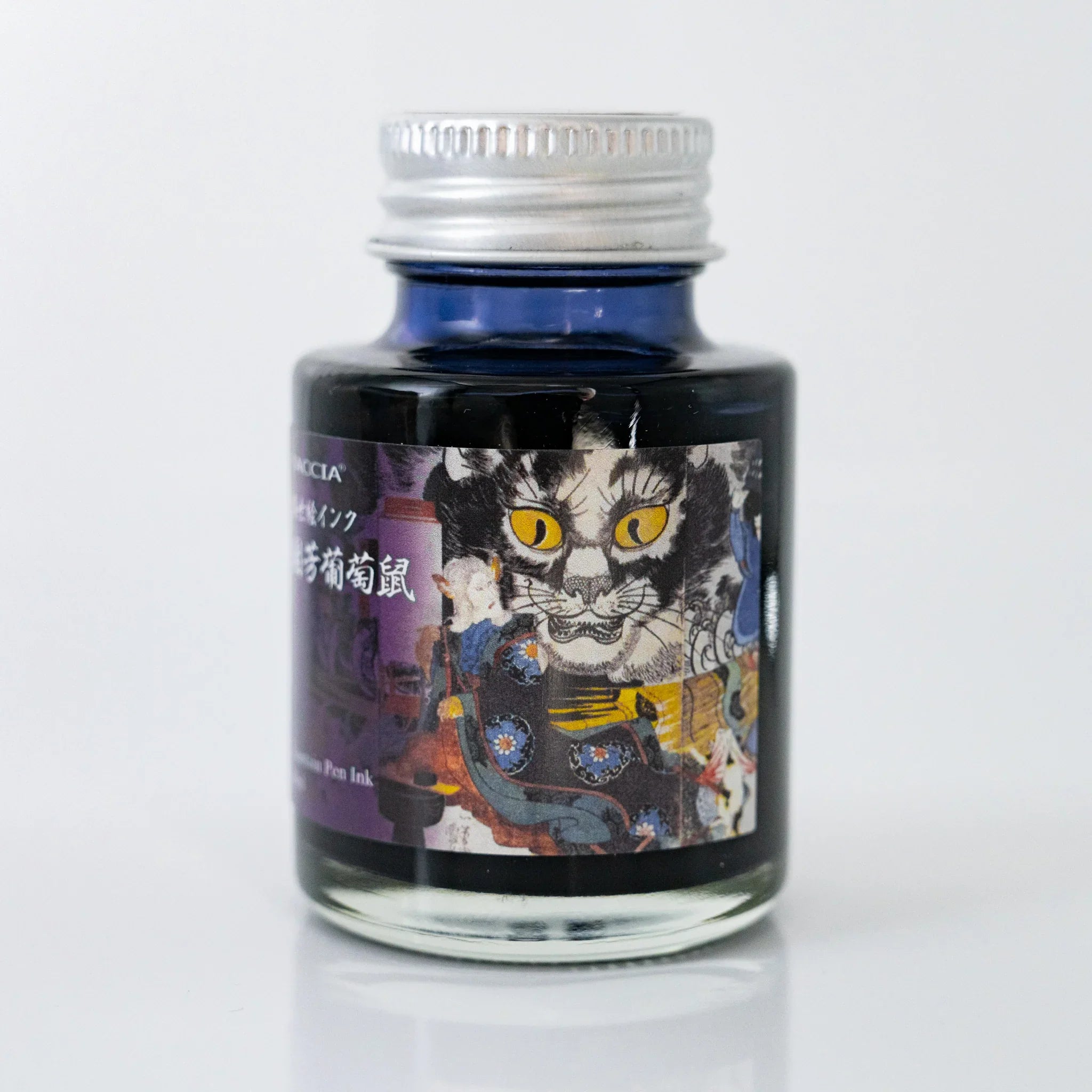 TACCIA Kuniyoshi Budounezu 40ml Japanese fountain pen ink bottle showing label artwork by Utagawa Kuniyoshi.