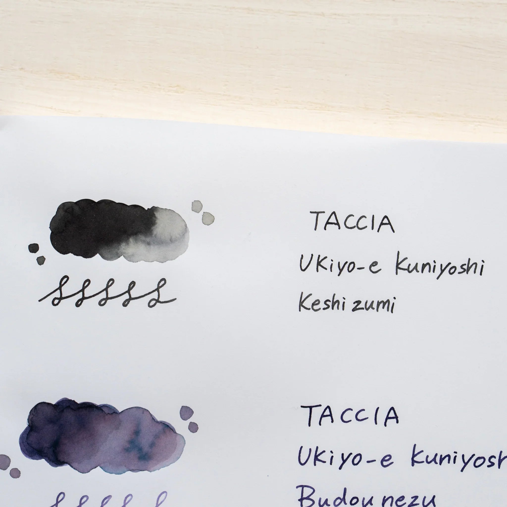 TACCIA Ukiyo-e Kuniyoshi Keshizumi hand-painted swatch shown with neighboring ink colors on YU-SARI notebook.