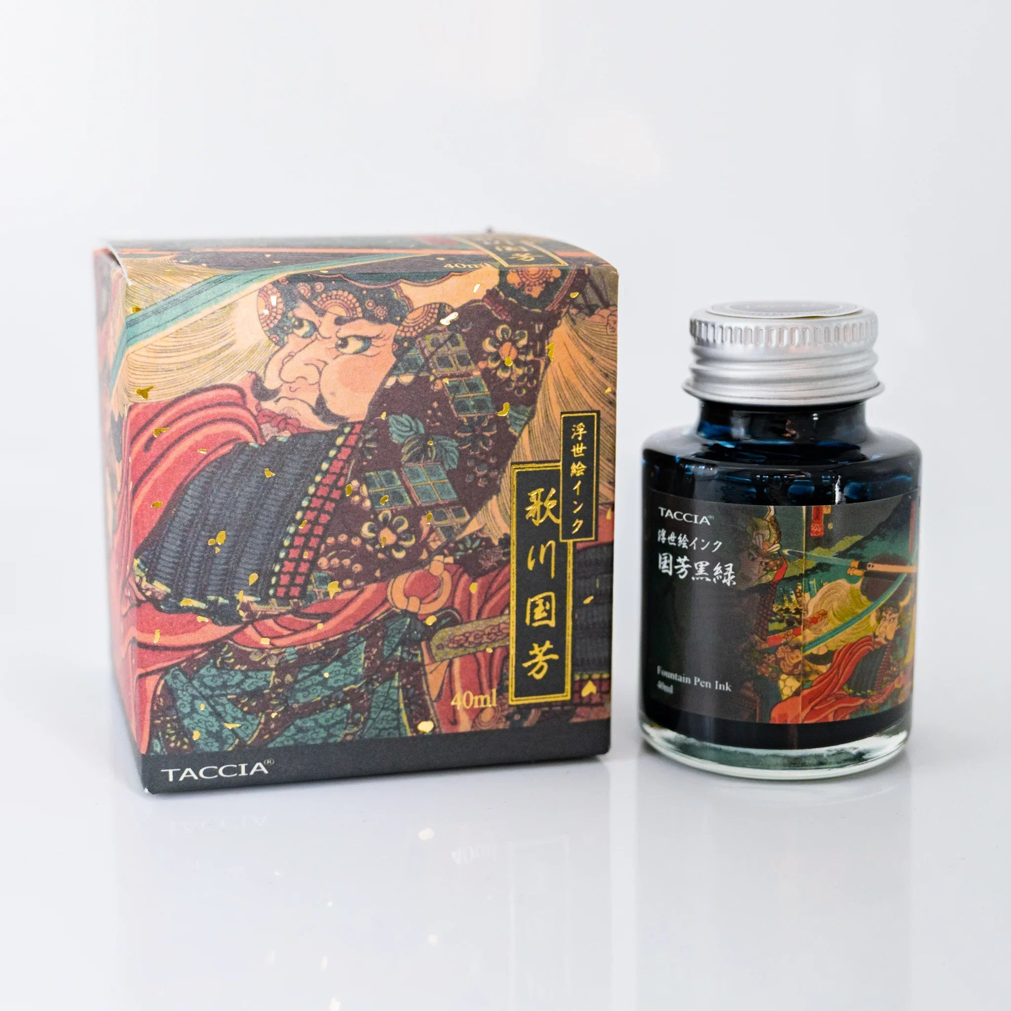 TACCIA Ukiyo-e Kuniyoshi Kuromidori 40ml Japanese fountain pen ink bottle and box printed with Battle of Kawanakajima.