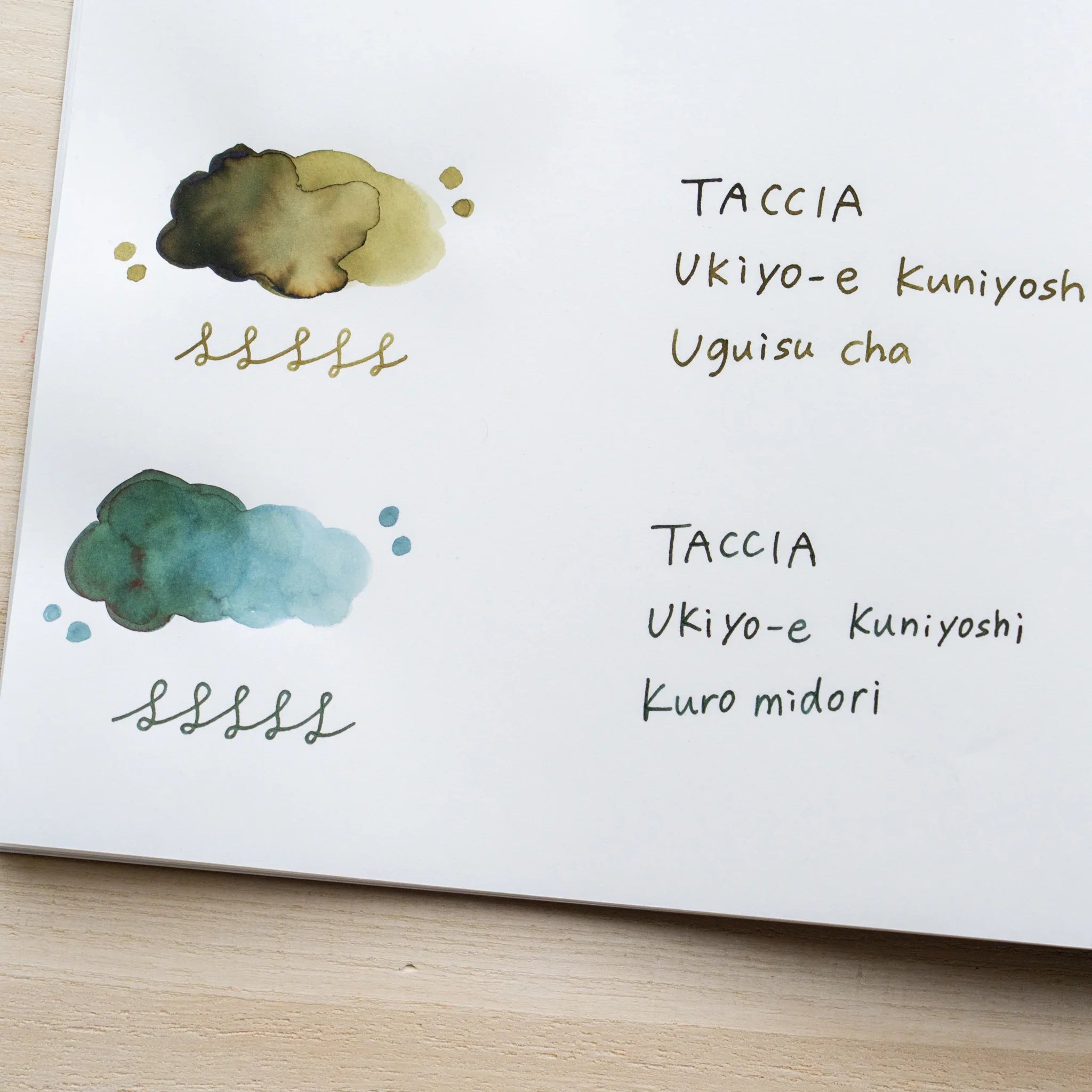 TACCIA Ukiyo-e Kuniyoshi Kuromidori hand-painted swatch shown with neighboring ink colors on YU-SARI notebook.