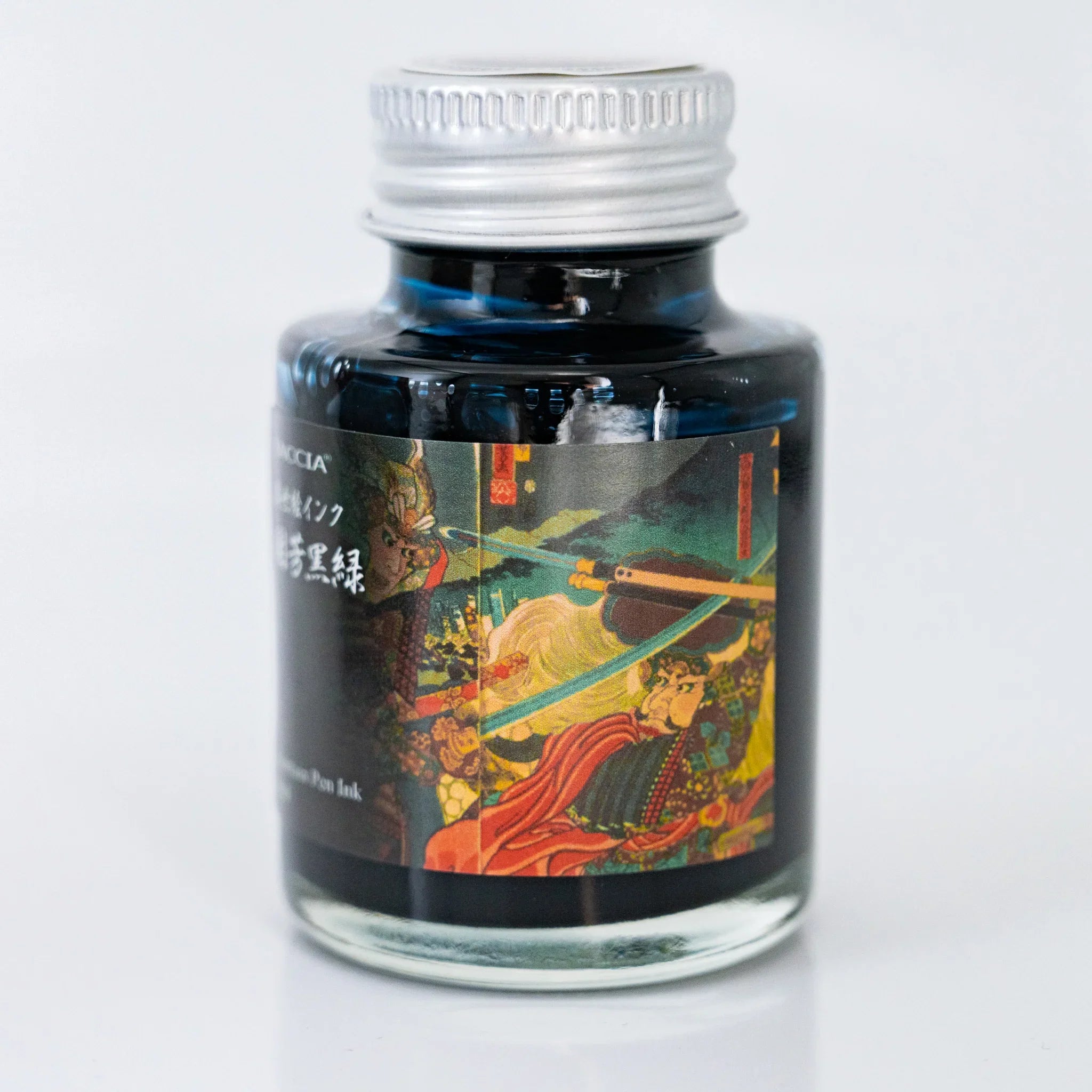 TACCIA Kuniyoshi Kuromidori 40ml Japanese fountain pen ink bottle showing label artwork by Utagawa Kuniyoshi.