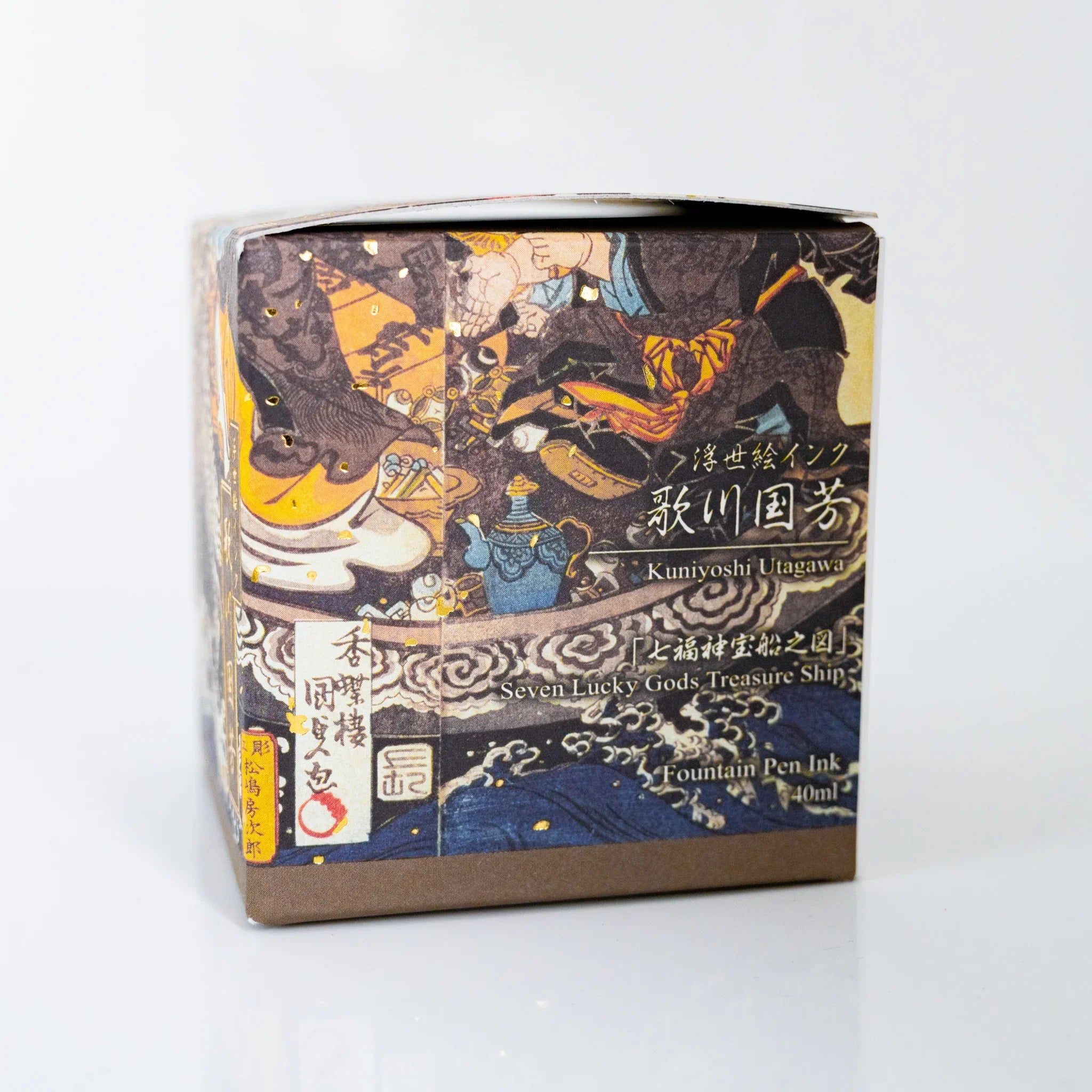 TACCIA Kuniyoshi Uguisucha box panel printed with Kuniyoshi's Seven Lucky Gods Treasure Ship ukiyo-e.