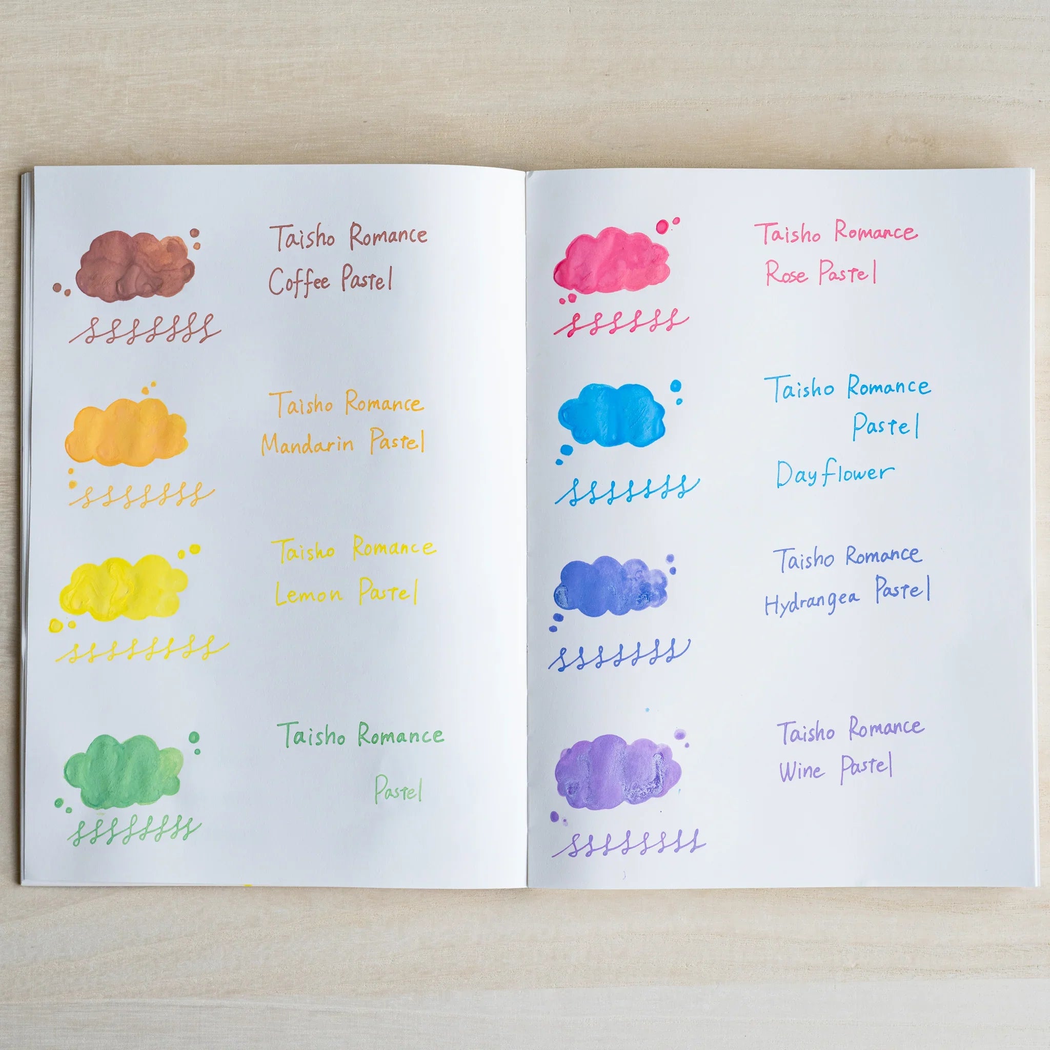 Notebook page of handwritten swatches for all eight Taisho Romance pastel inks, washes and looped lines