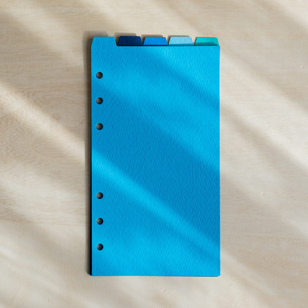 Single sky blue Mermaid Bible size index divider with 6 punched holes and blue top tabs behind