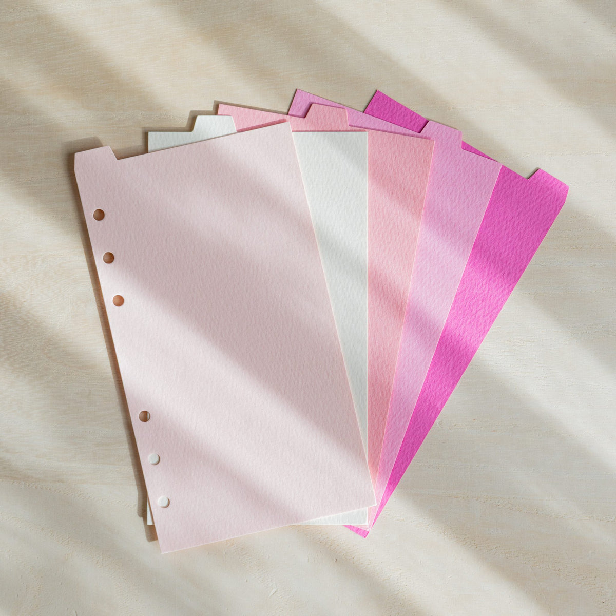 Five Mermaid Bible dividers fanned in pale pink, natural, coral, rose and cosmos pink with top tabs