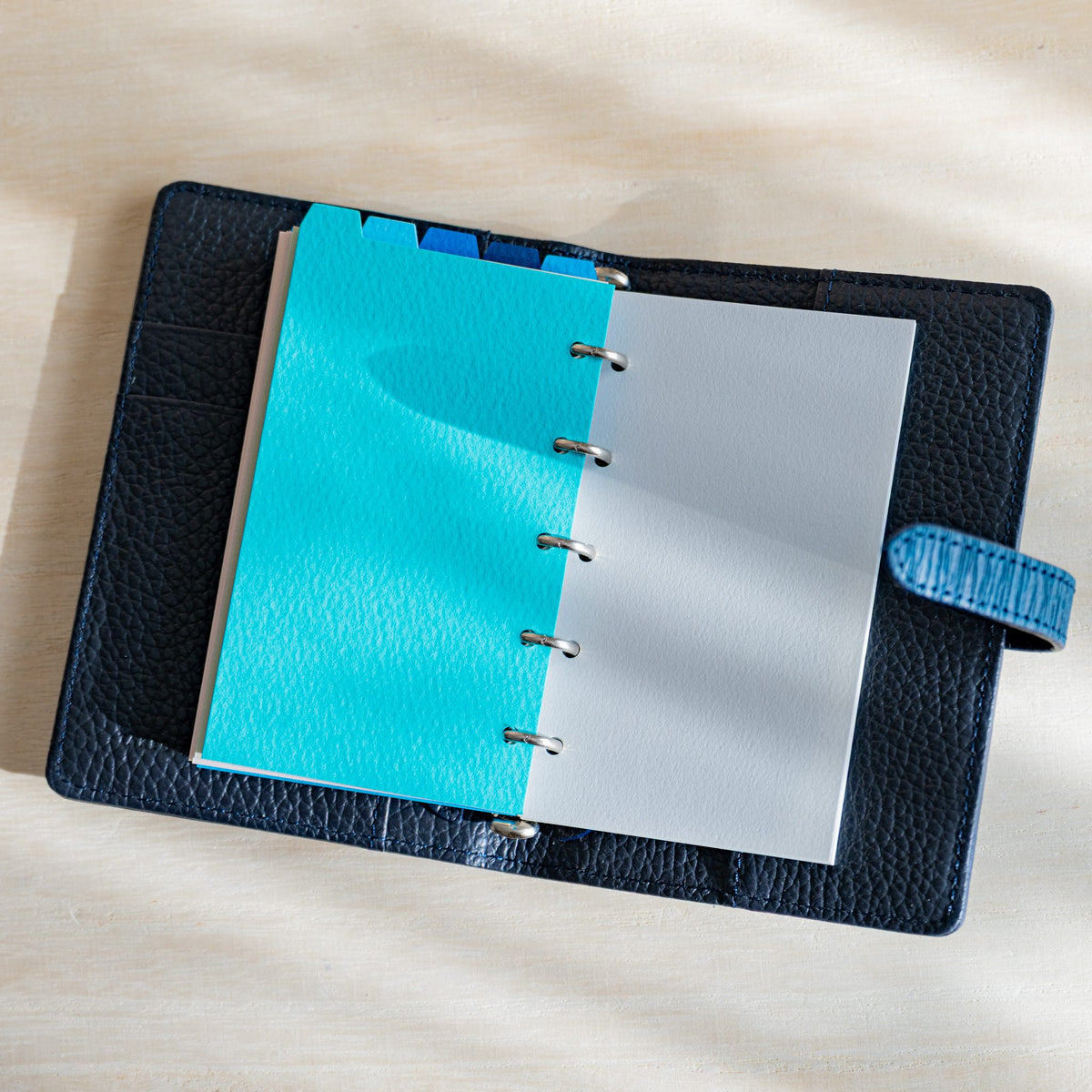Turquoise Mermaid M5 divider opposite a pale gray page in an open navy planner