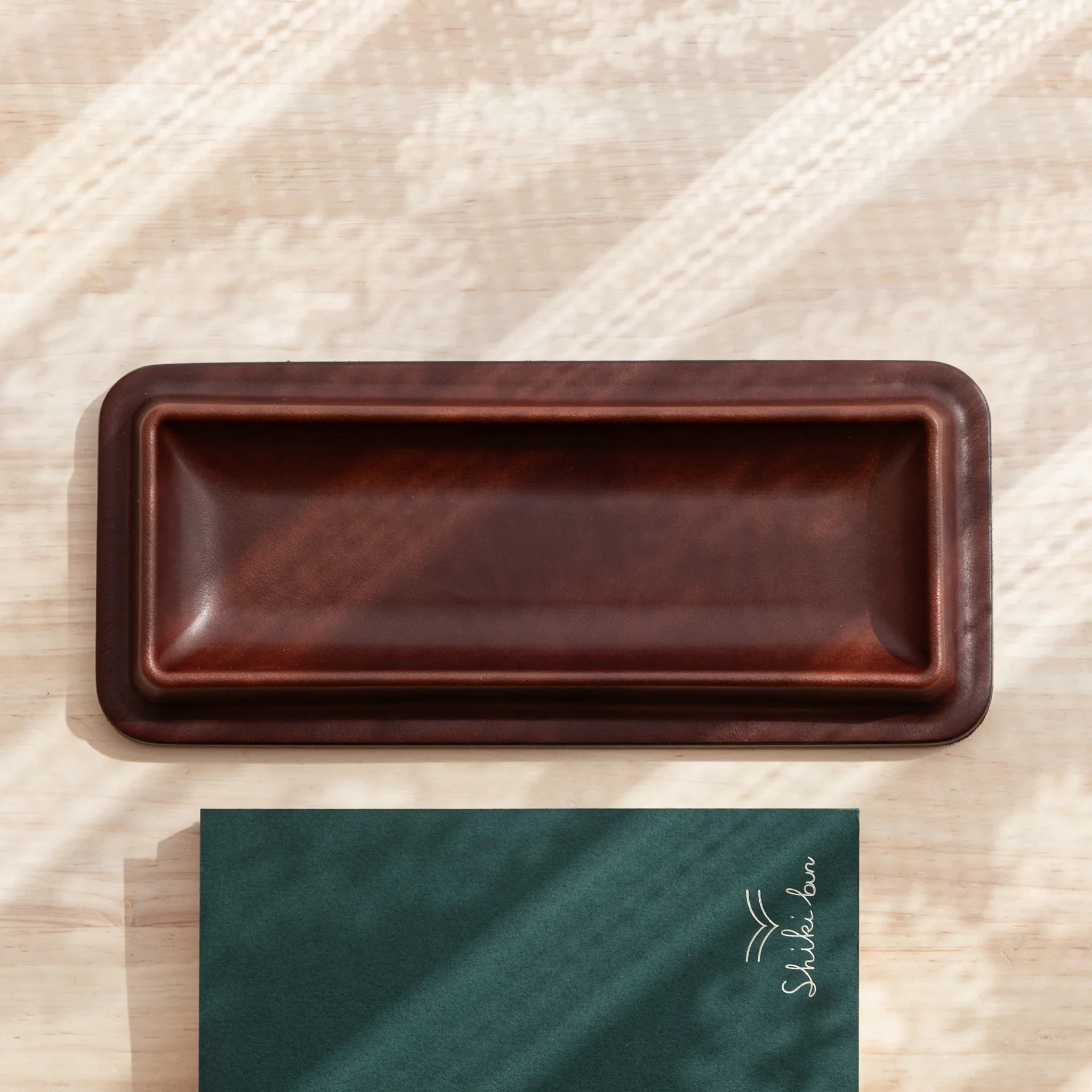 Tatsuno Leather Pen Tray in brown, rectangular design with smooth surface, made in Japan.
