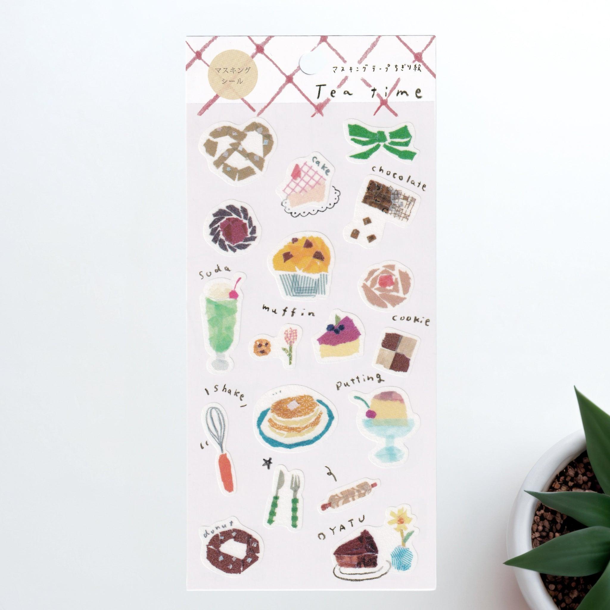 A Japanese stationery washi sticker sheet featuring tea time-themed designs, including cakes, cookies, muffins, pudding, and soda floats, in a delightful watercolor style.