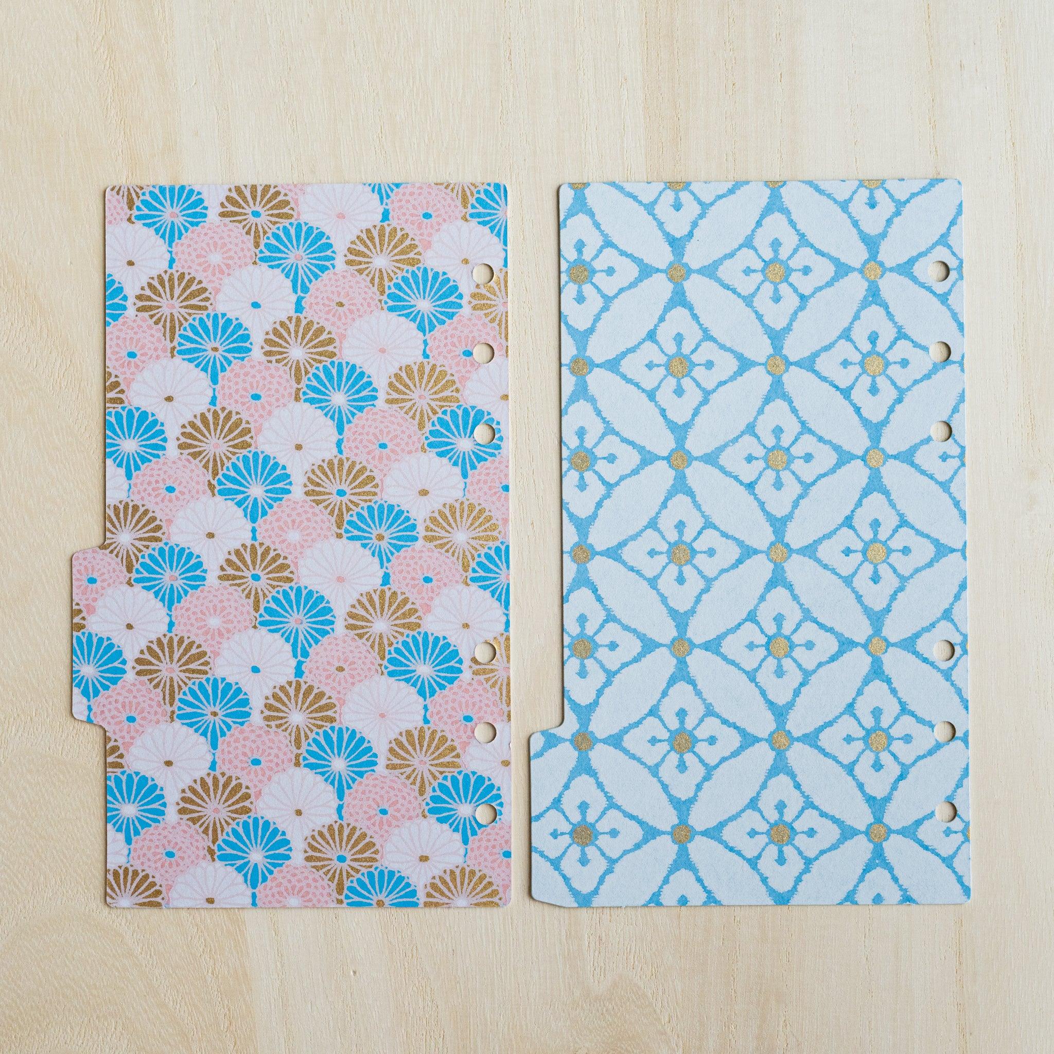 Reverse of the chrysanthemum and blue shippo Tone index dividers, punched holes on the right and tabs at left