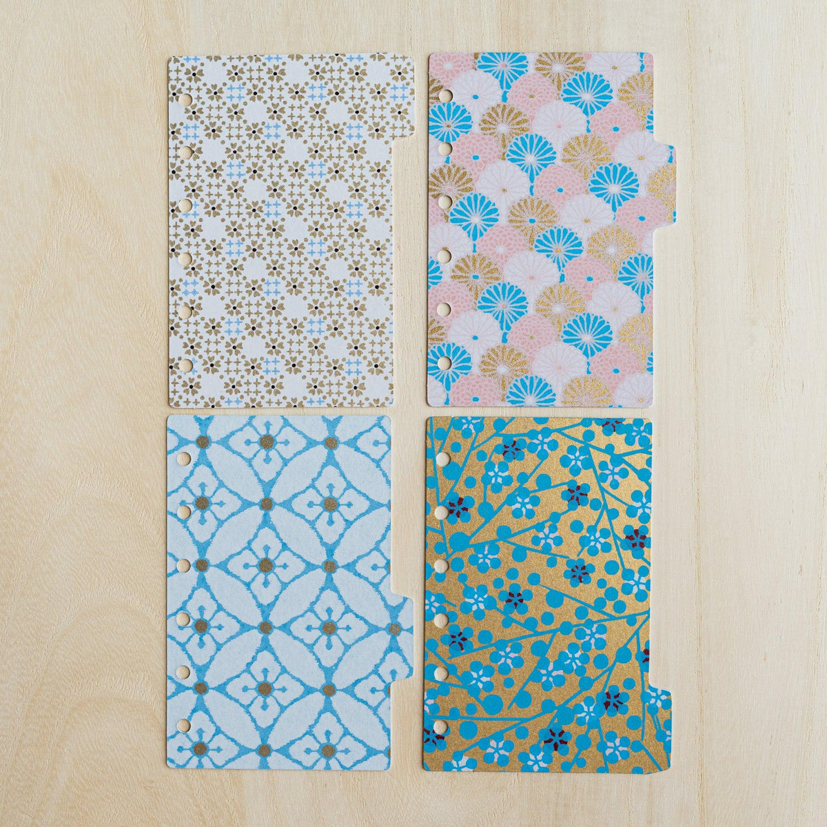 Four Tone Mini 6 index dividers laid in a grid, gold lattice, chrysanthemum, shippo and gold plum prints