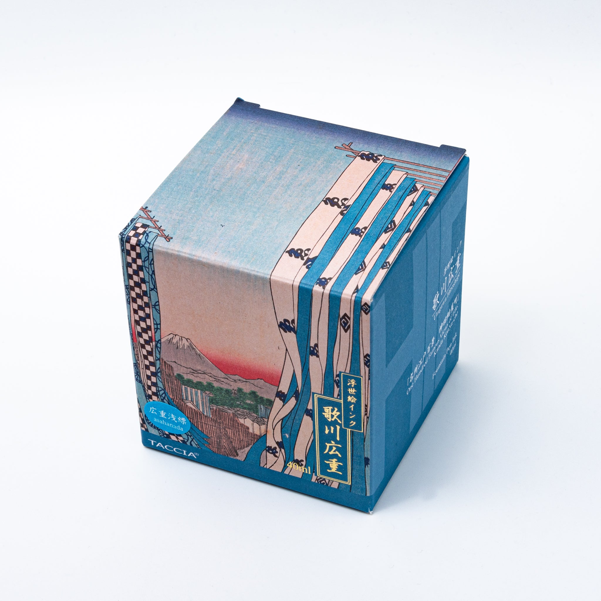 Japanese stationery fountain pen ink packaging. The box features Ukiyo-e style art of Mount Fuji with blue curtains in the foreground. It contains 40ml of light blue "Asahanada" ink.  