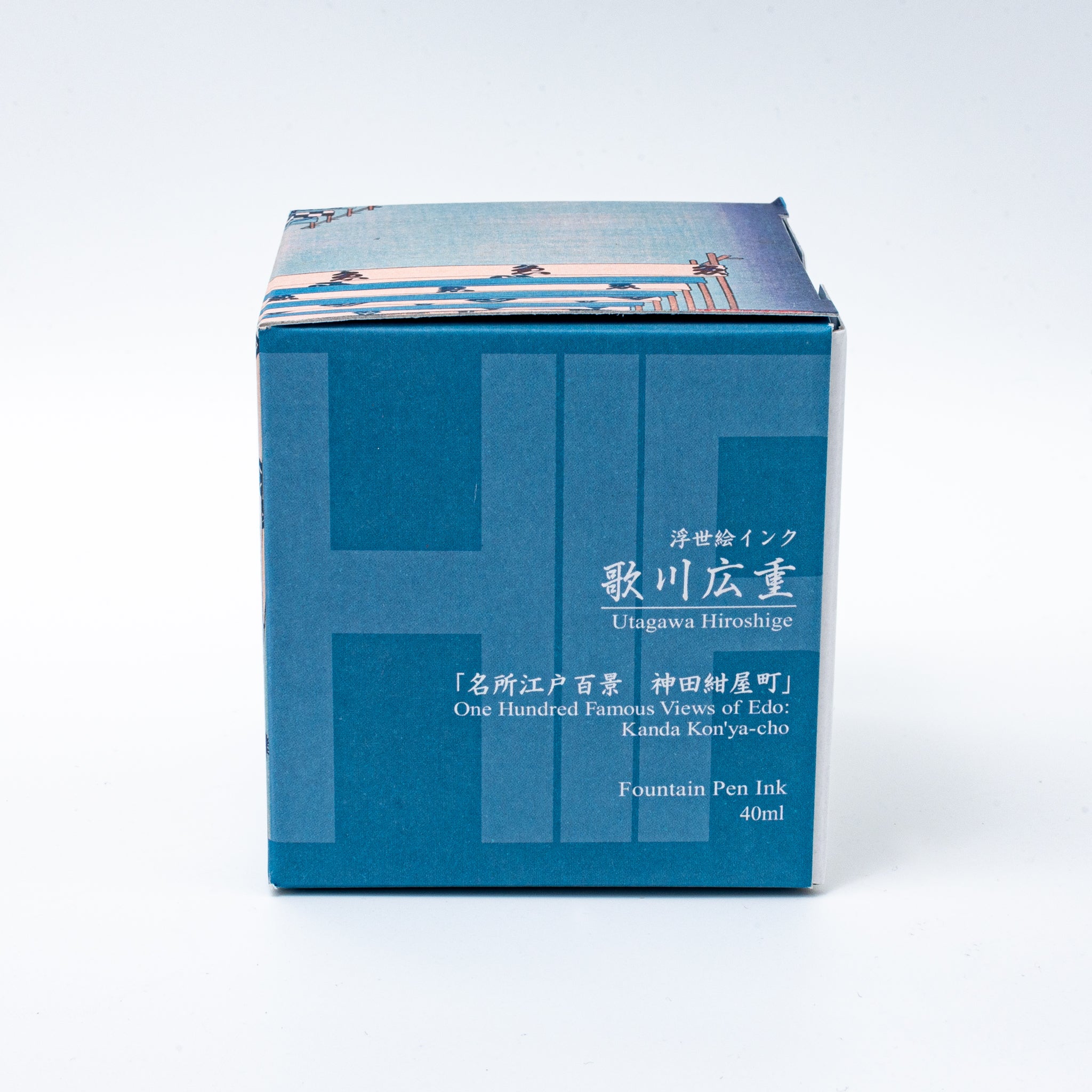 Japanese stationery fountain pen ink packaging. The box features Ukiyo-e style art of Mount Fuji with blue curtains in the foreground. It contains 40ml of light blue "Asahanada" ink.  