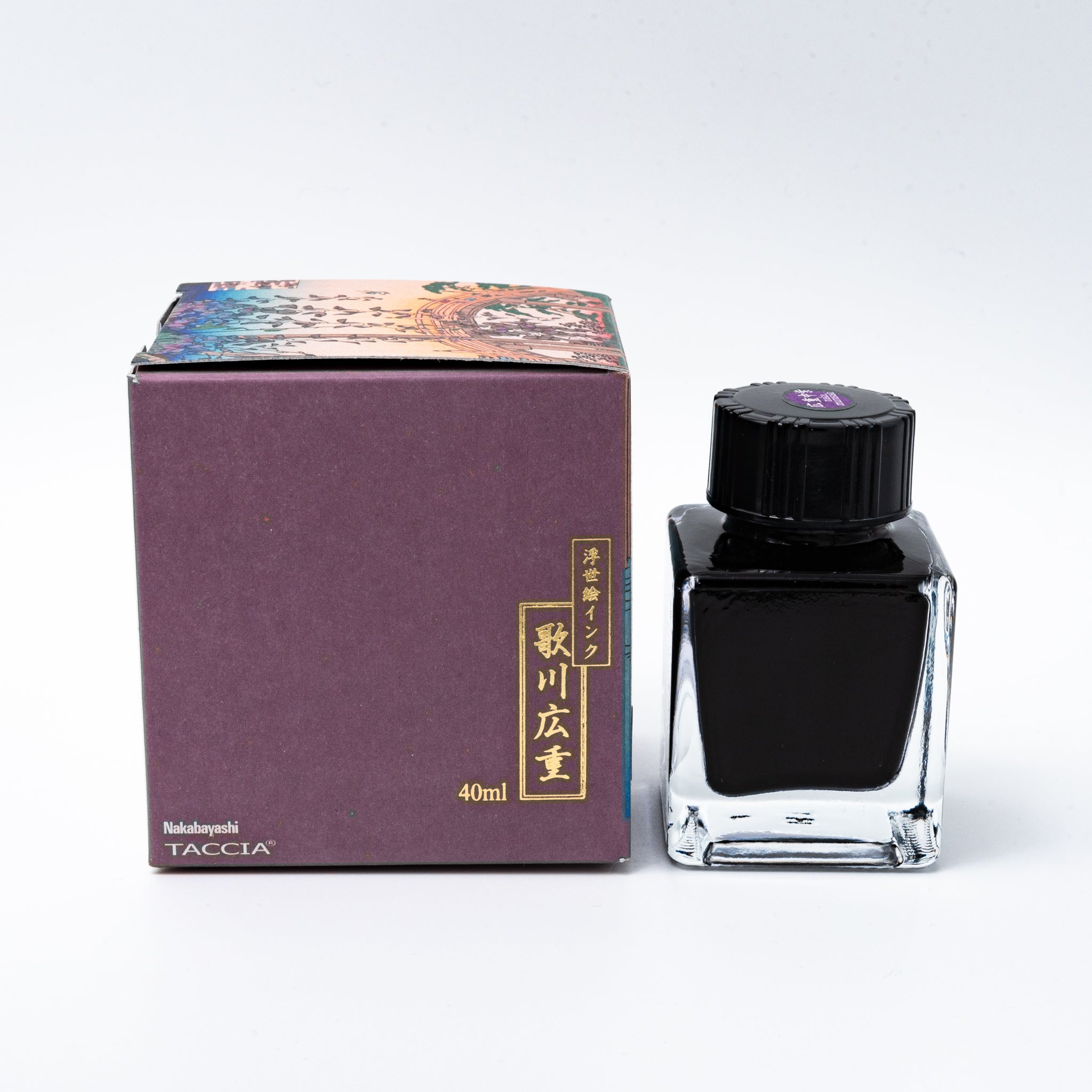 Japanese stationery fountain pen ink. The packaging features Ukiyo-e style art of a riverside scene with wisteria flowers. The glass bottle contains 40ml of purple "Maki Murasaki" ink.  