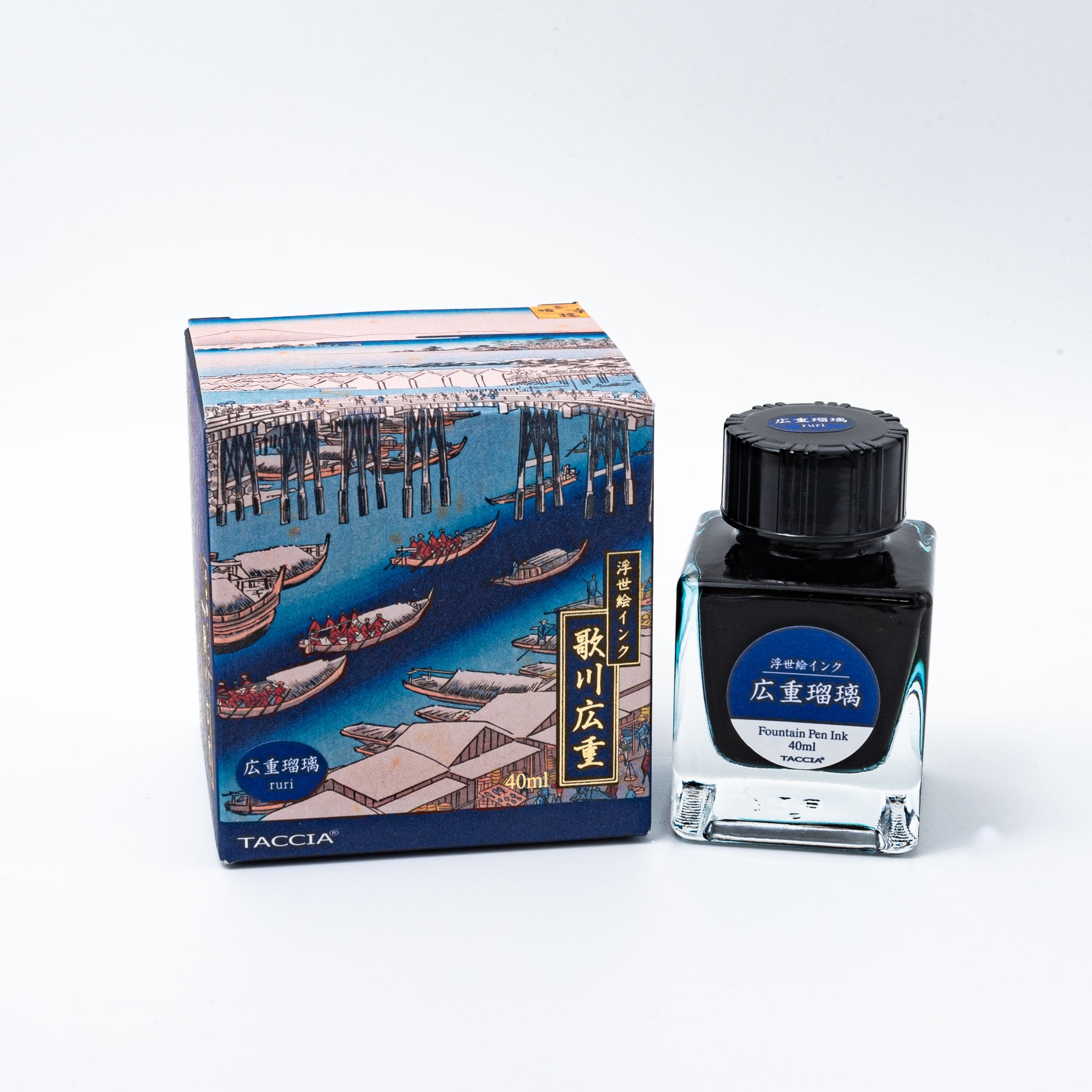 Japanese stationery fountain pen ink. The packaging features Ukiyo-e style art of a river scene with boats and a bridge. The glass bottle contains 40ml of blue "Furi" ink.  