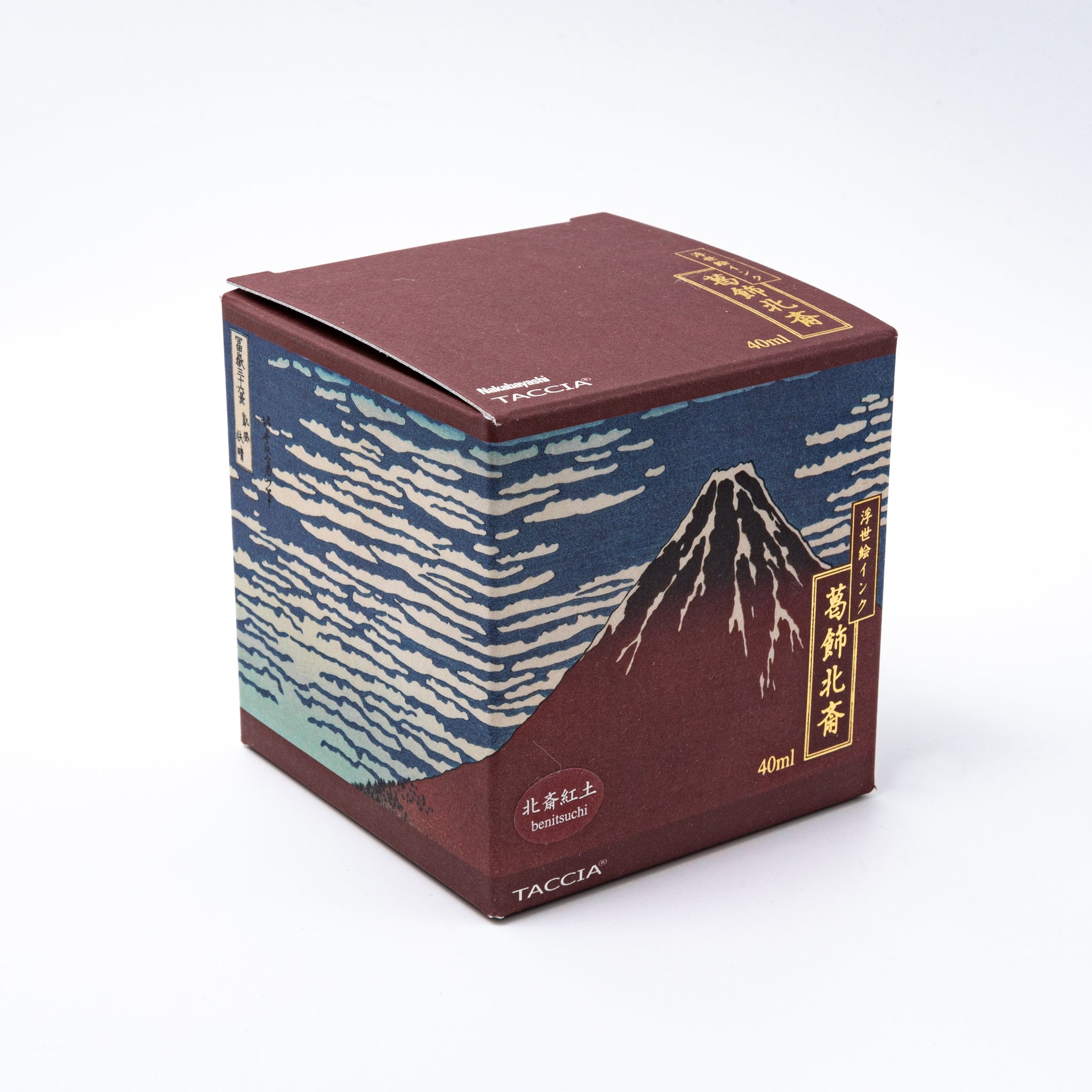 Japanese stationery fountain pen ink packaging. The box features Ukiyo-e style art of Mount Fuji with a reddish-brown sky. It contains 40ml of red "Benitsuchi" ink.  