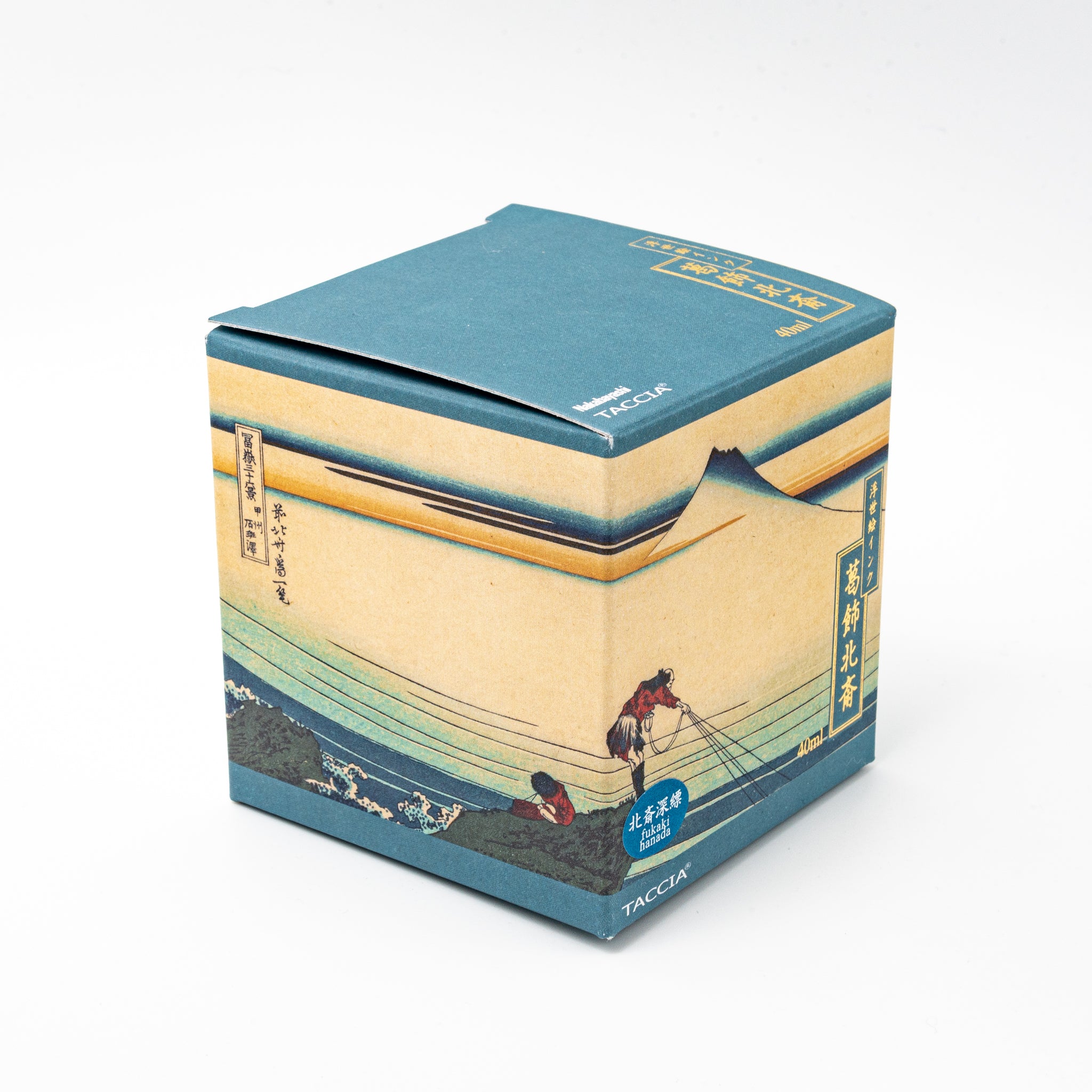 Japanese stationery fountain pen ink packaging. The box features Ukiyo-e style art of Mount Fuji with fishermen pulling nets. It contains 40ml of deep blue "Fukaki Hanada" ink.  