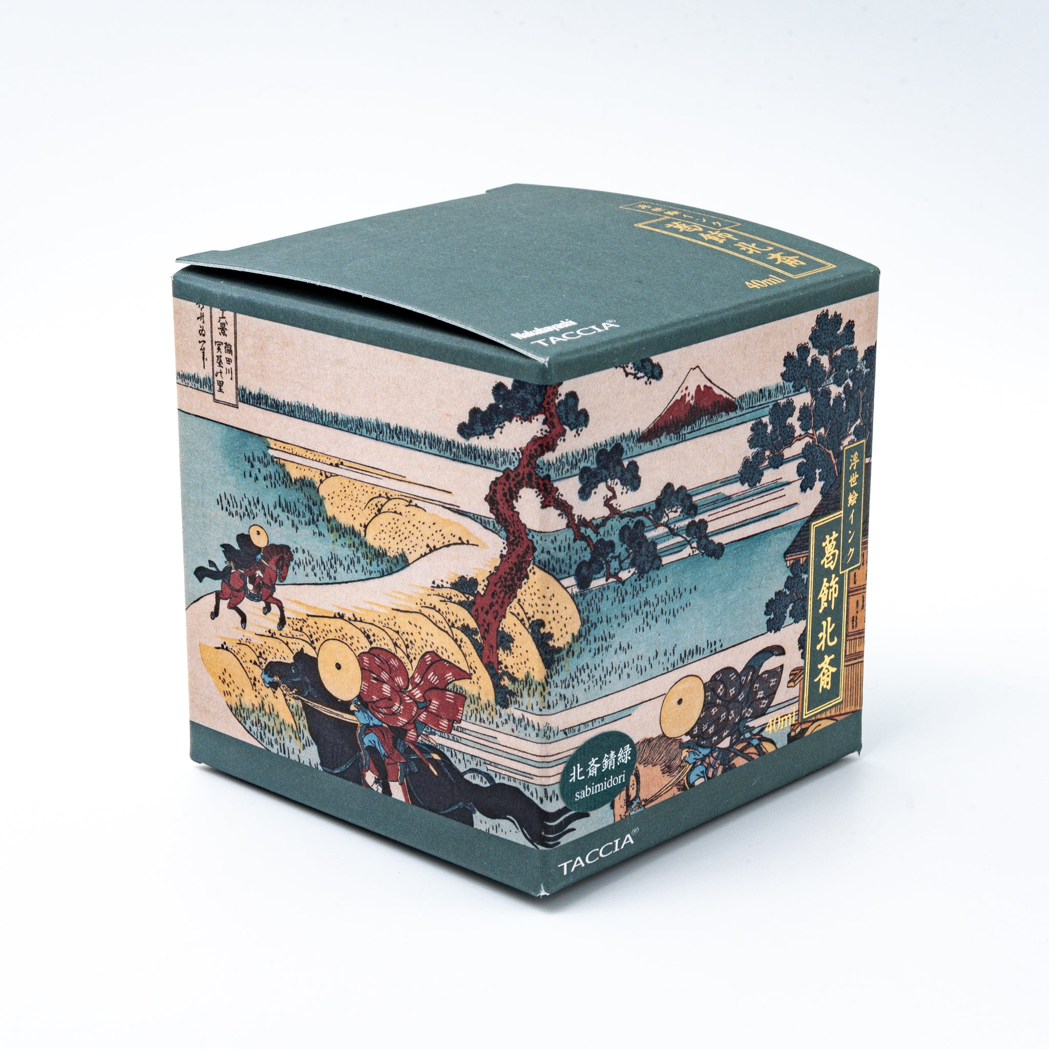 Japanese stationery fountain pen ink packaging. The box features Ukiyo-e style art of a rural landscape with Mount Fuji. It contains 40ml of teal "Sabimidori" ink.  