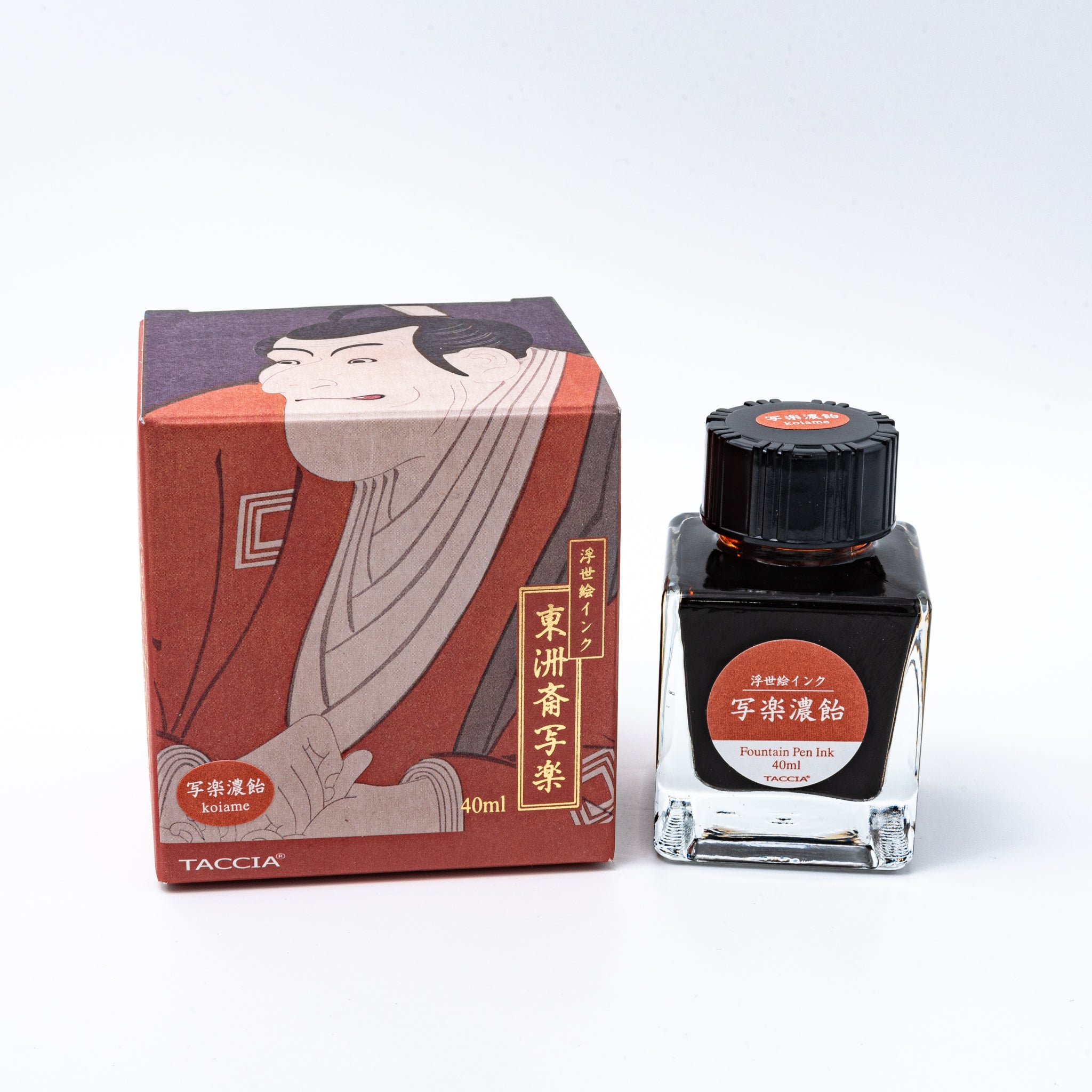 Japanese stationery fountain pen ink. The packaging features Ukiyo-e style art of a kabuki actor in a red kimono. The glass bottle contains 40ml of brown "Koiame" ink.  