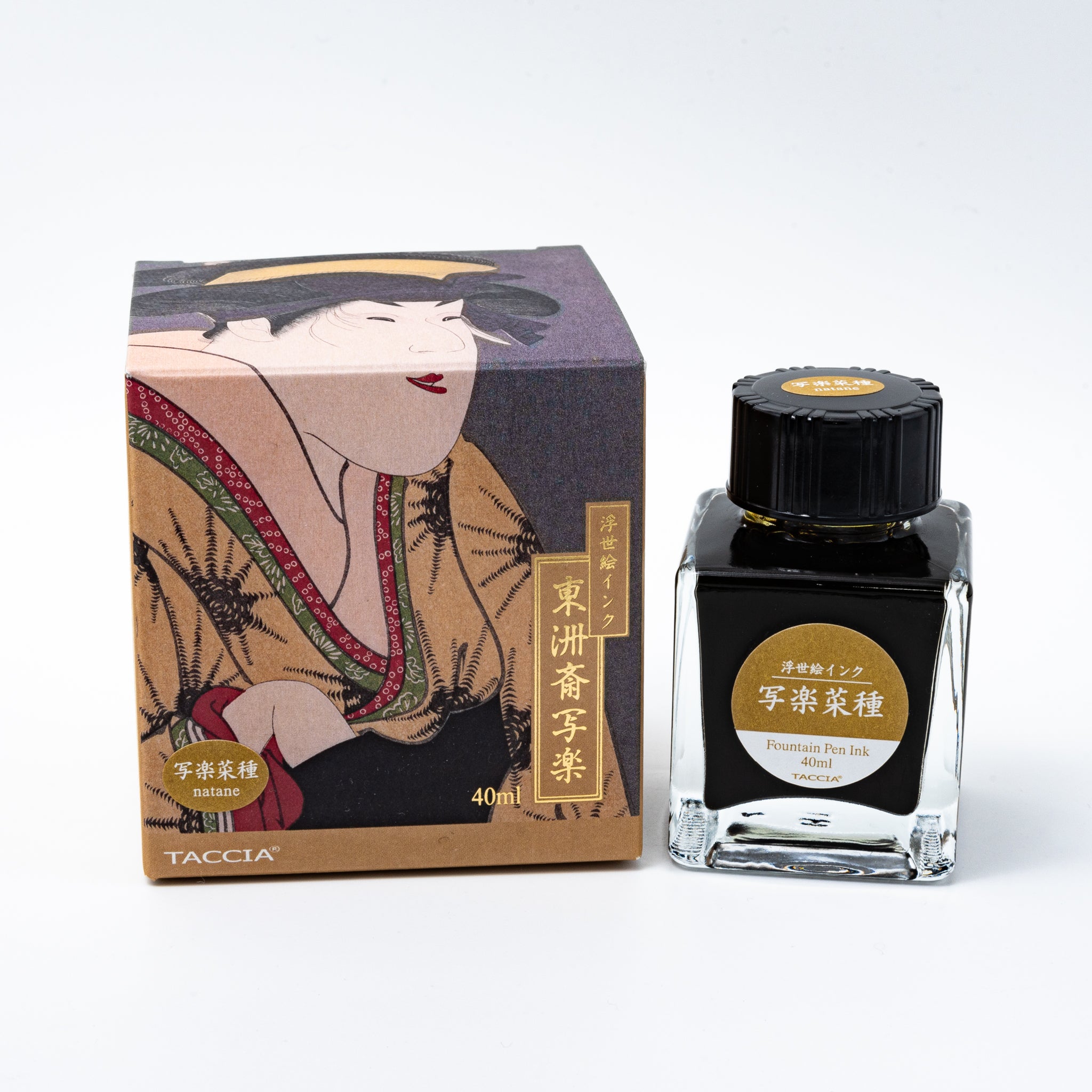 Japanese stationery fountain pen ink. The packaging features Ukiyo-e style art of a kabuki actor in a yellow kimono. The glass bottle contains 40ml of yellow "Natane" ink.  