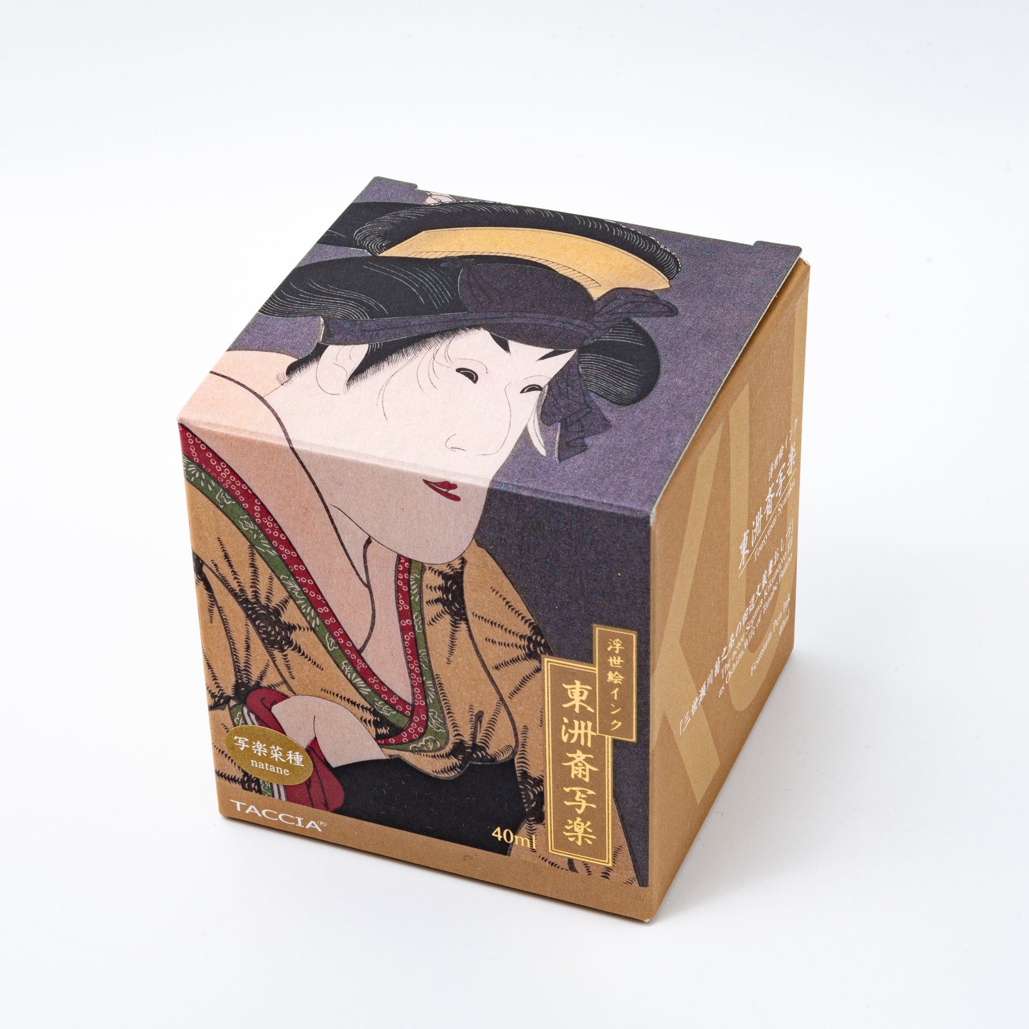 Japanese stationery fountain pen ink packaging. The box features Ukiyo-e style art of a kabuki actor in a yellow kimono. It contains 40ml of yellow "Natane" ink.  