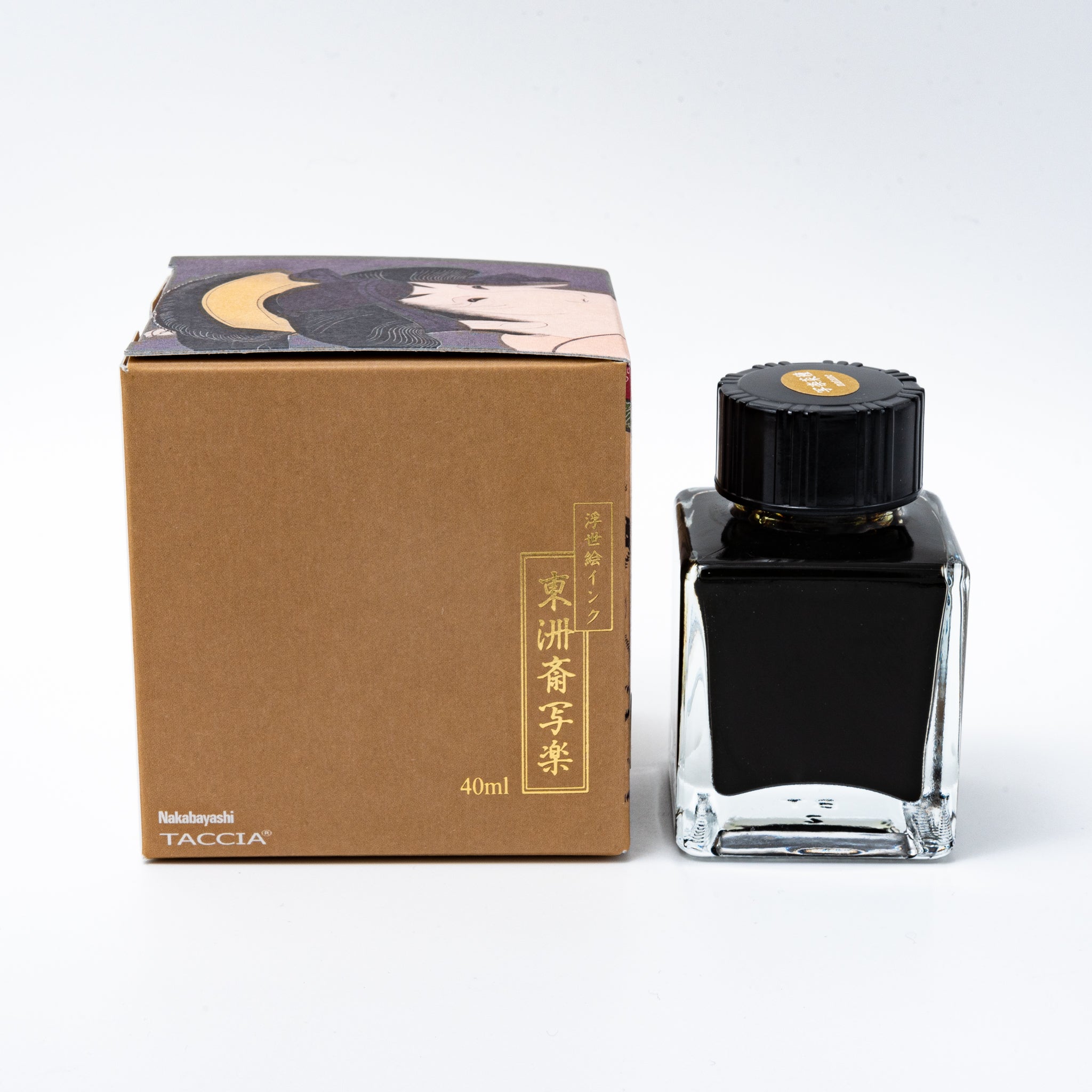 Japanese stationery fountain pen ink. The packaging features Ukiyo-e style art of a kabuki actor in a yellow kimono. The glass bottle contains 40ml of yellow "Natane" ink.  