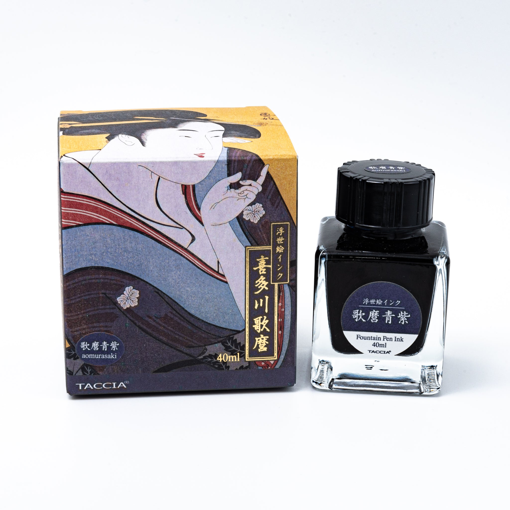 Japanese stationery fountain pen ink. The packaging features Ukiyo-e style art of a woman in a blue kimono. The glass bottle contains 40ml of blue "Aomurasaki" ink.  