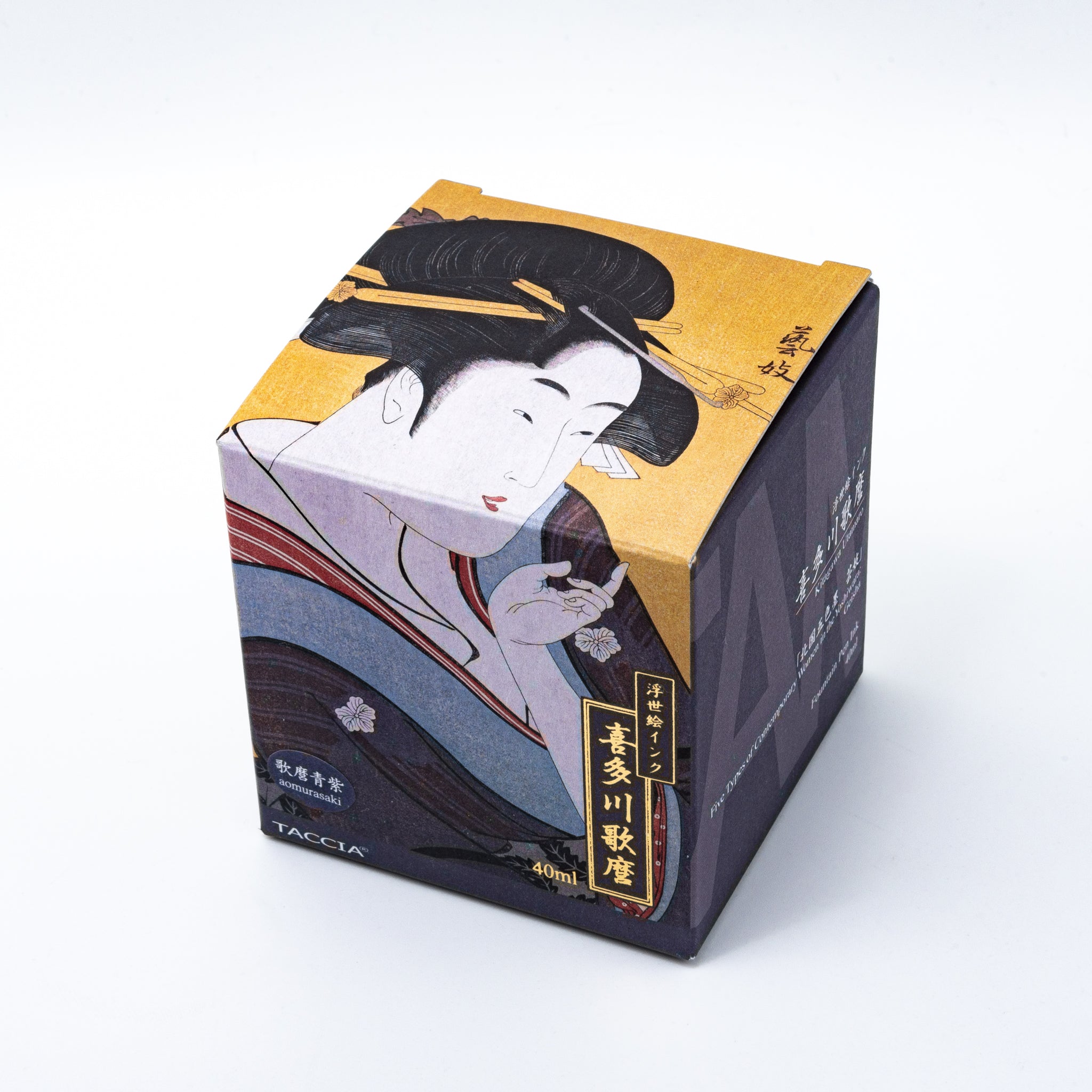 Japanese stationery fountain pen ink packaging. The box features Ukiyo-e style art of a woman in a blue kimono. It contains 40ml of blue "Aomurasaki" ink.  