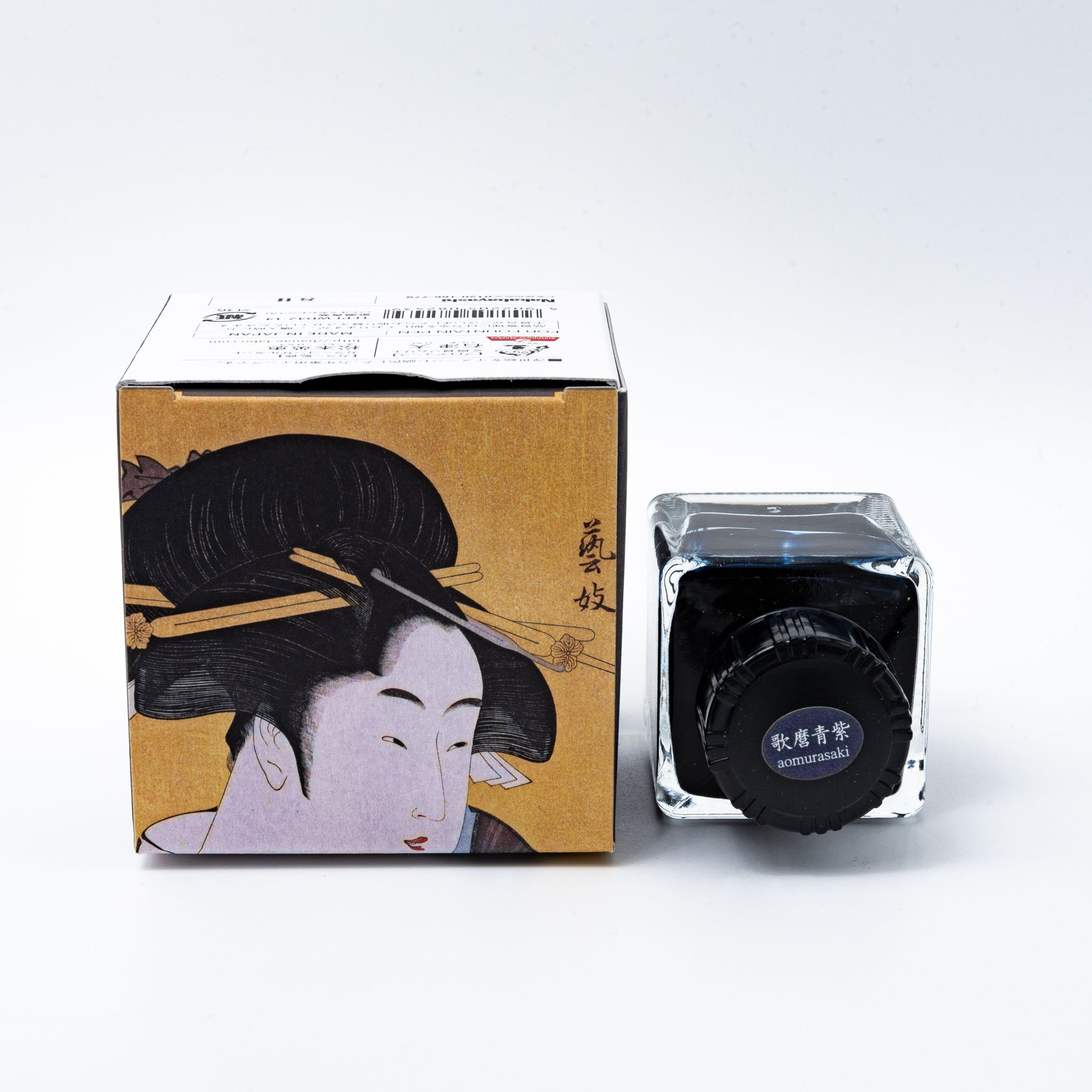 Japanese stationery fountain pen ink. The packaging features Ukiyo-e style art of a woman in a blue kimono. The glass bottle contains 40ml of blue "Aomurasaki" ink.  