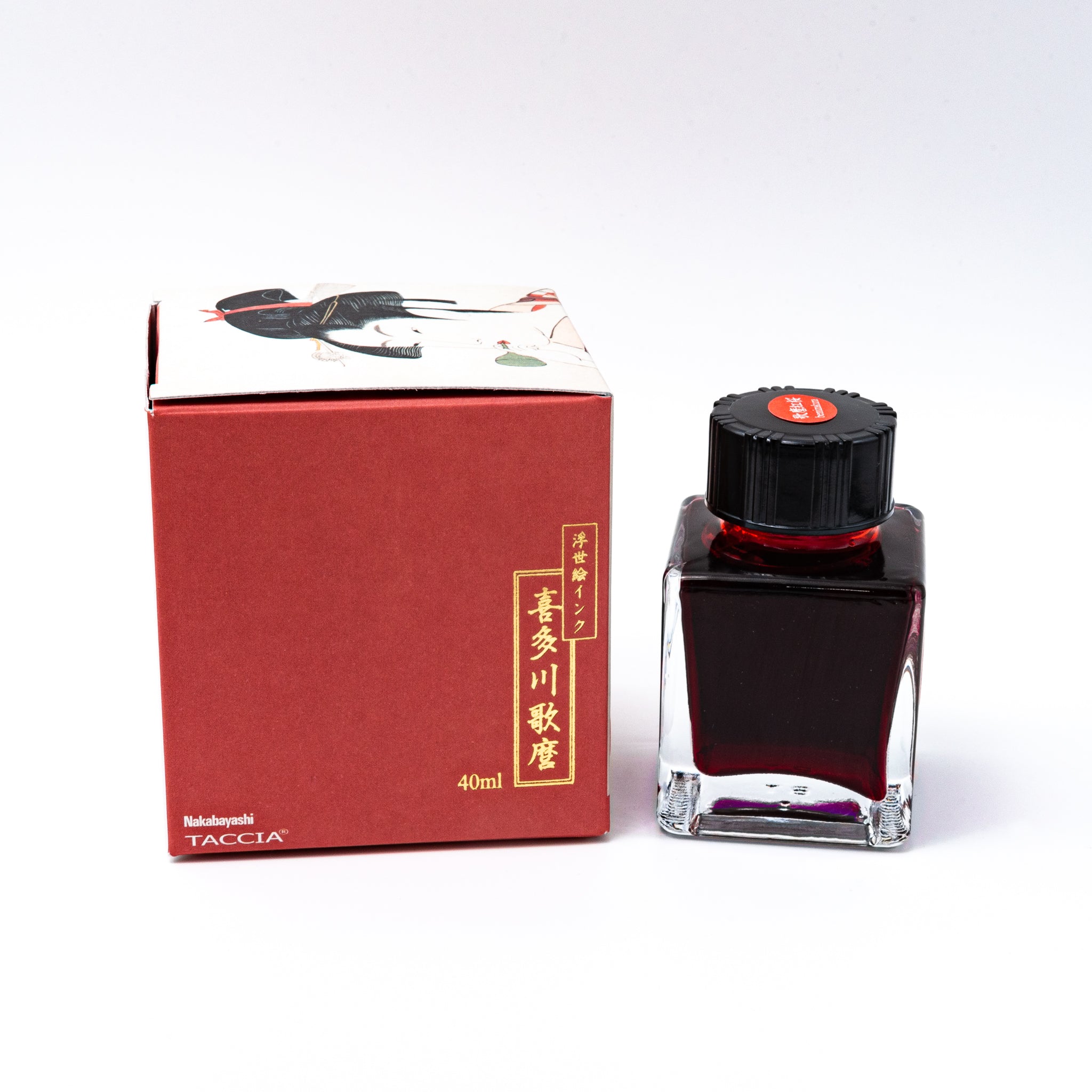 Japanese stationery fountain pen ink. The packaging features Ukiyo-e style art of a woman in a red checkered kimono. The glass bottle contains 40ml of red "Benizakura" ink.  