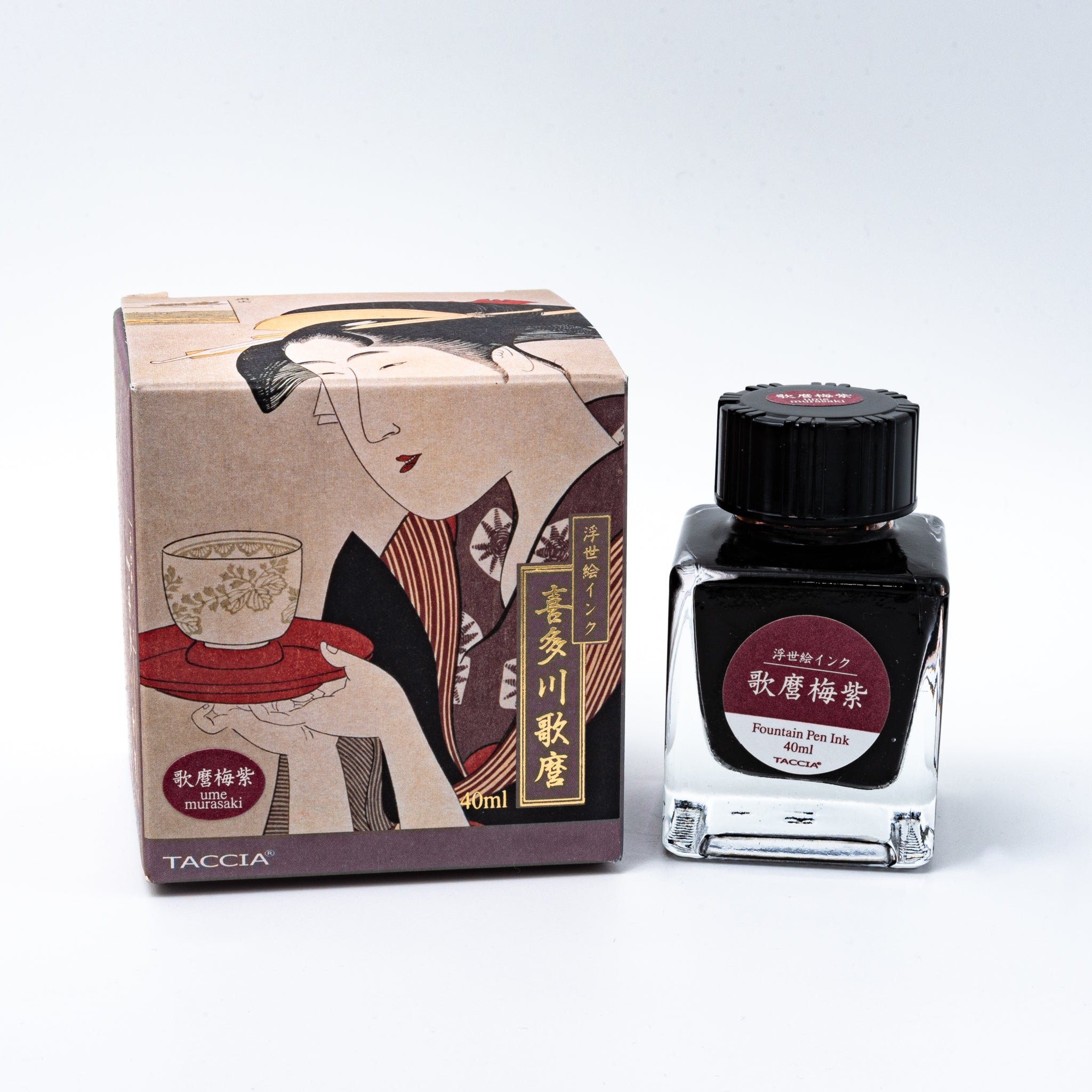 Japanese stationery fountain pen ink. The packaging features Ukiyo-e style art of a woman holding a teacup. The glass bottle contains 40ml of purple "Ume Murasaki" ink.