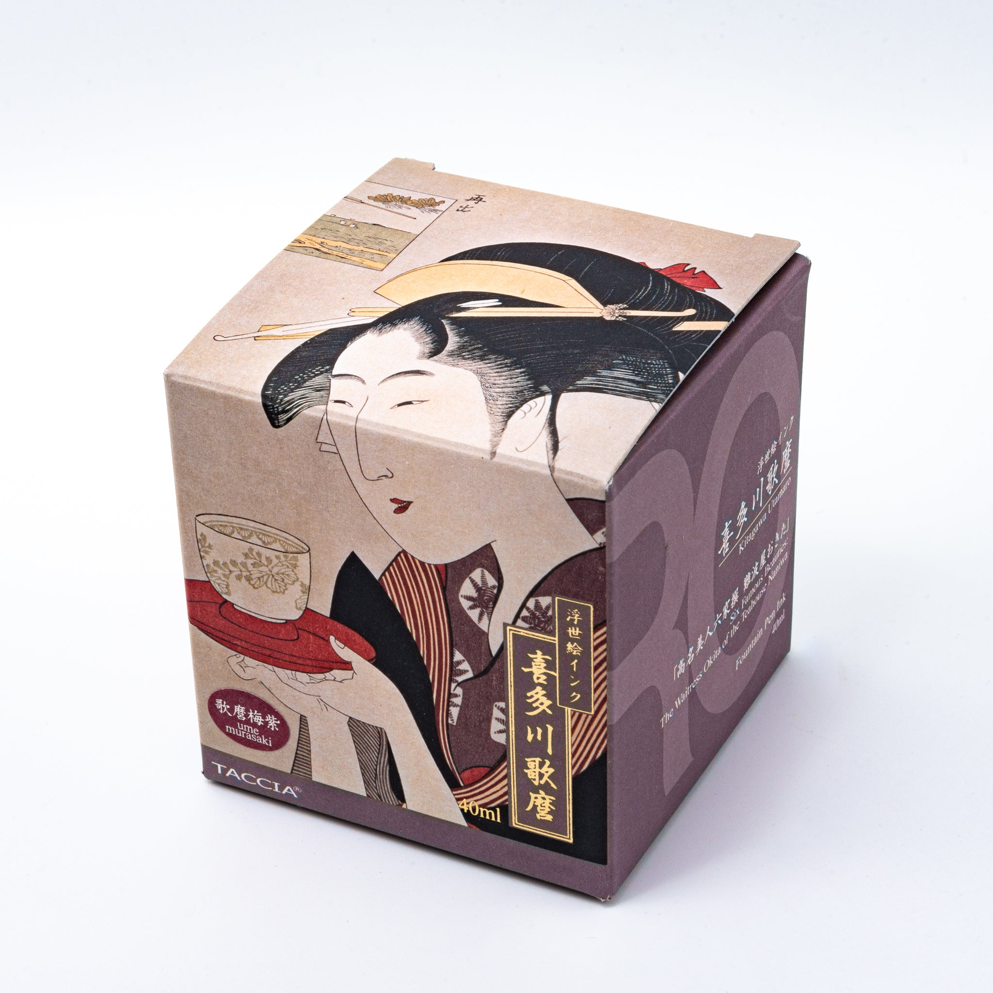 Japanese stationery fountain pen ink packaging. The box features Ukiyo-e style art of a woman holding a teacup, with gold and red accents. It contains 40ml of purple "Ume Murasaki" ink.