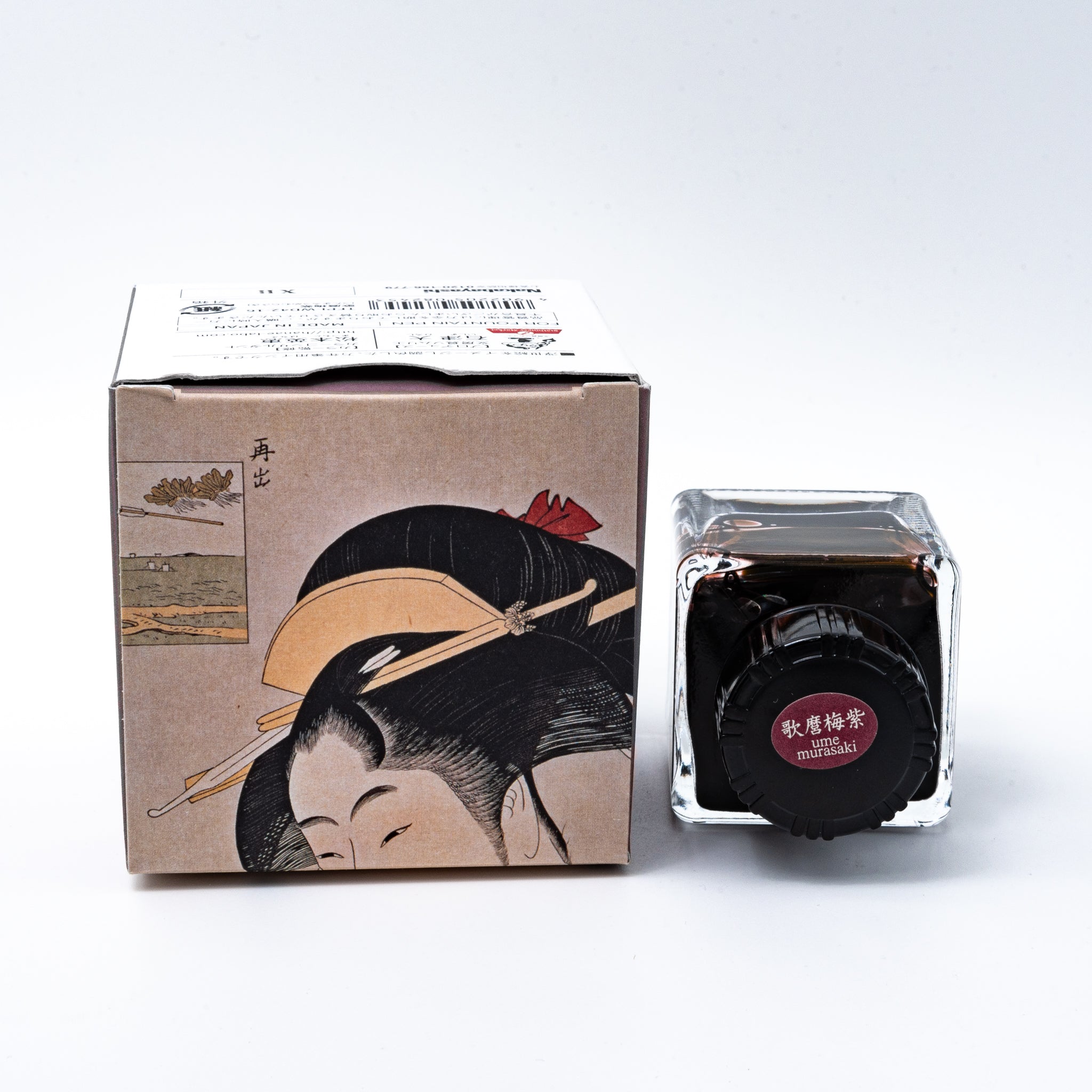 Japanese stationery fountain pen ink. The packaging features Ukiyo-e style art of a woman holding a teacup. The glass bottle contains 40ml of purple "Ume Murasaki" ink.