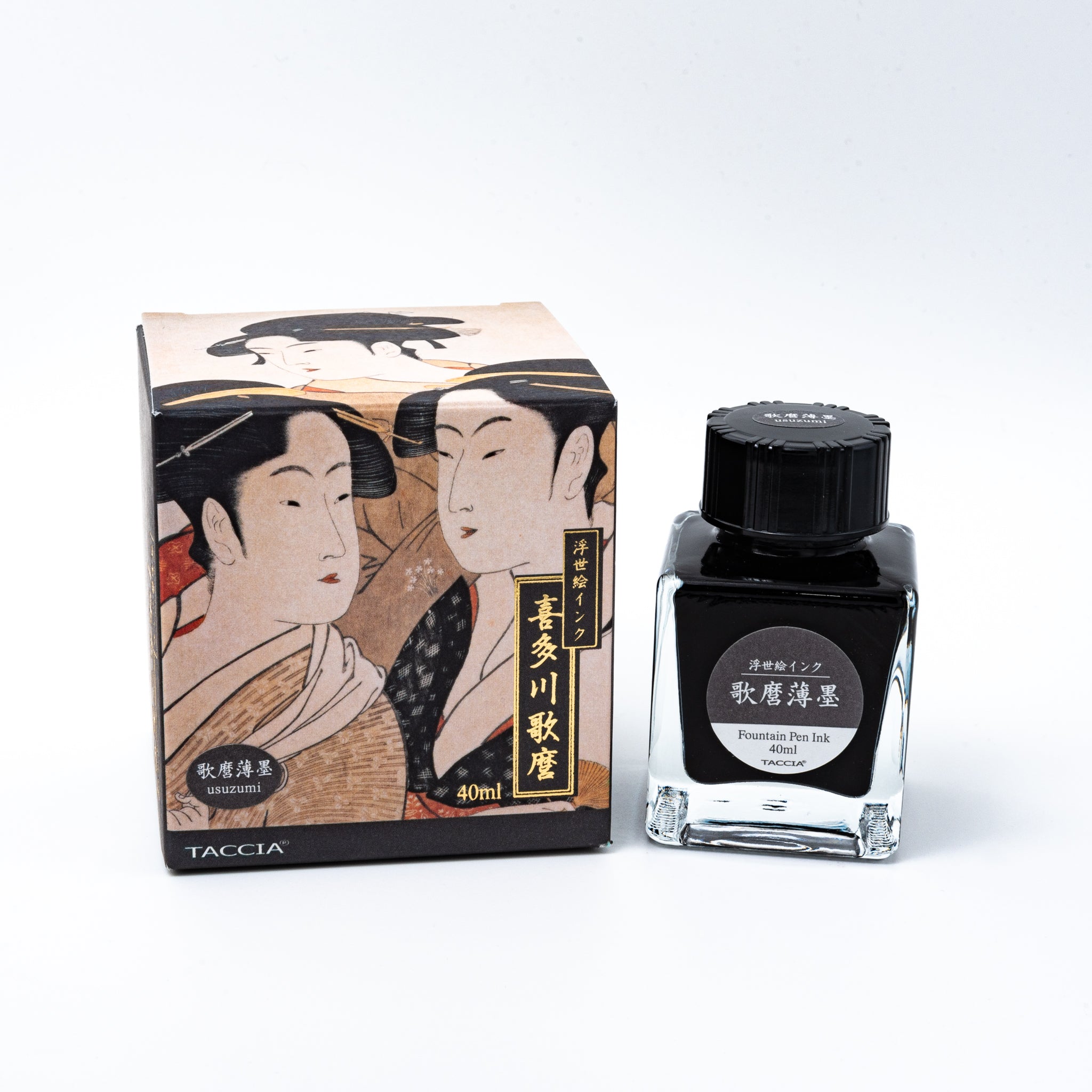 Japanese stationery fountain pen ink. The packaging features Ukiyo-e style art of two women, with gold accents. The glass bottle contains 40ml of gray "Usuzumi" ink.  