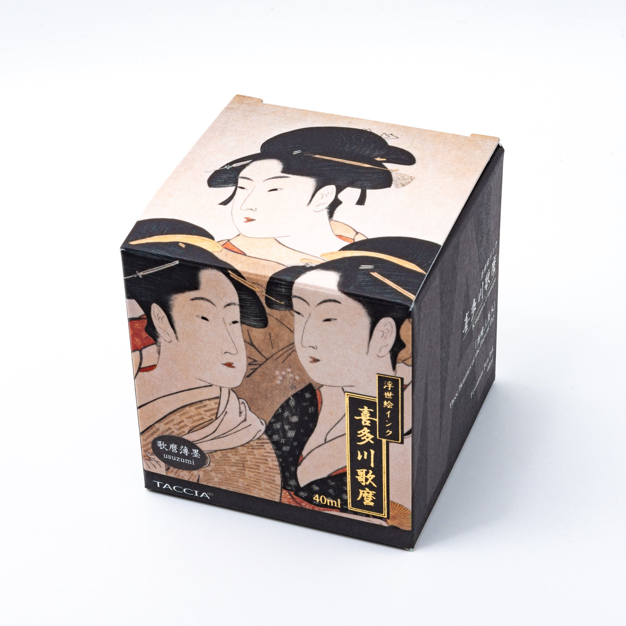 Japanese stationery fountain pen ink packaging. The box features Ukiyo-e style art of two women, with gold accents. It contains 40ml of gray "Usuzumi" ink.  