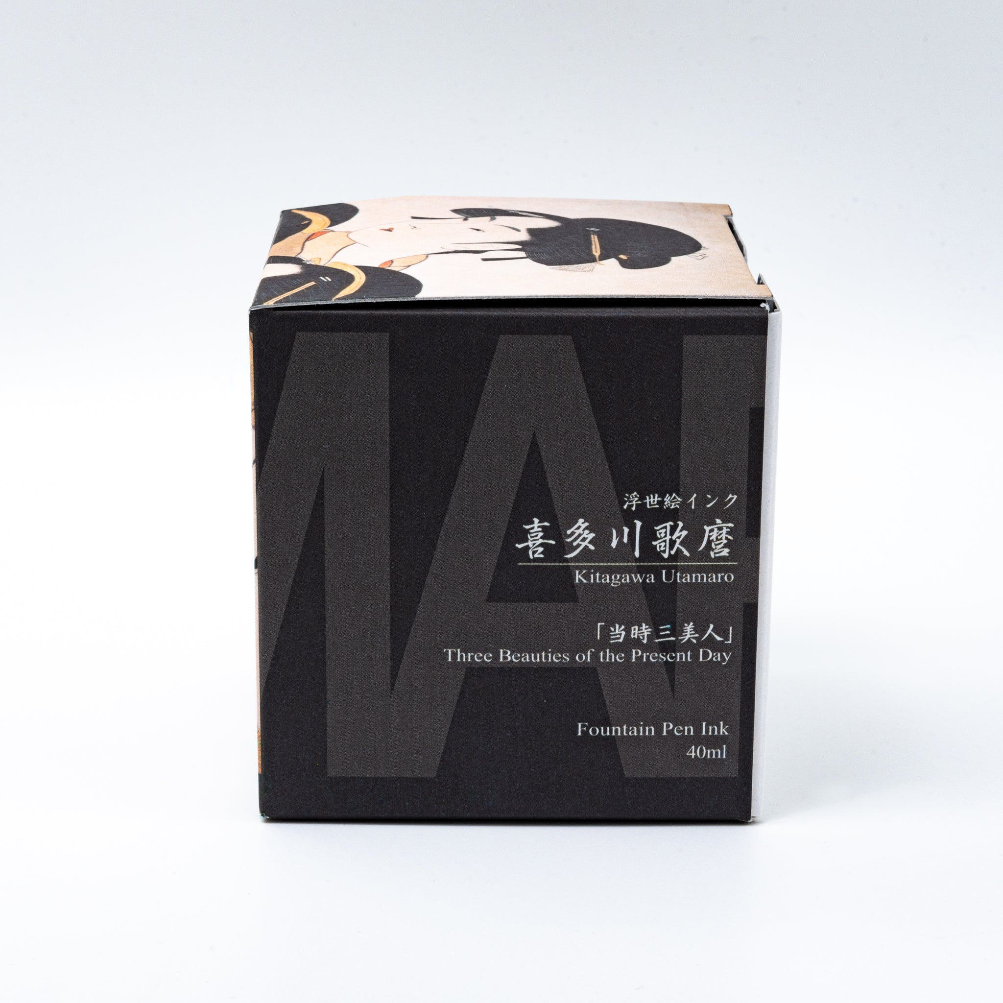 Japanese stationery fountain pen ink packaging. The box features Ukiyo-e style art of two women, with gold accents. It contains 40ml of gray "Usuzumi" ink.  