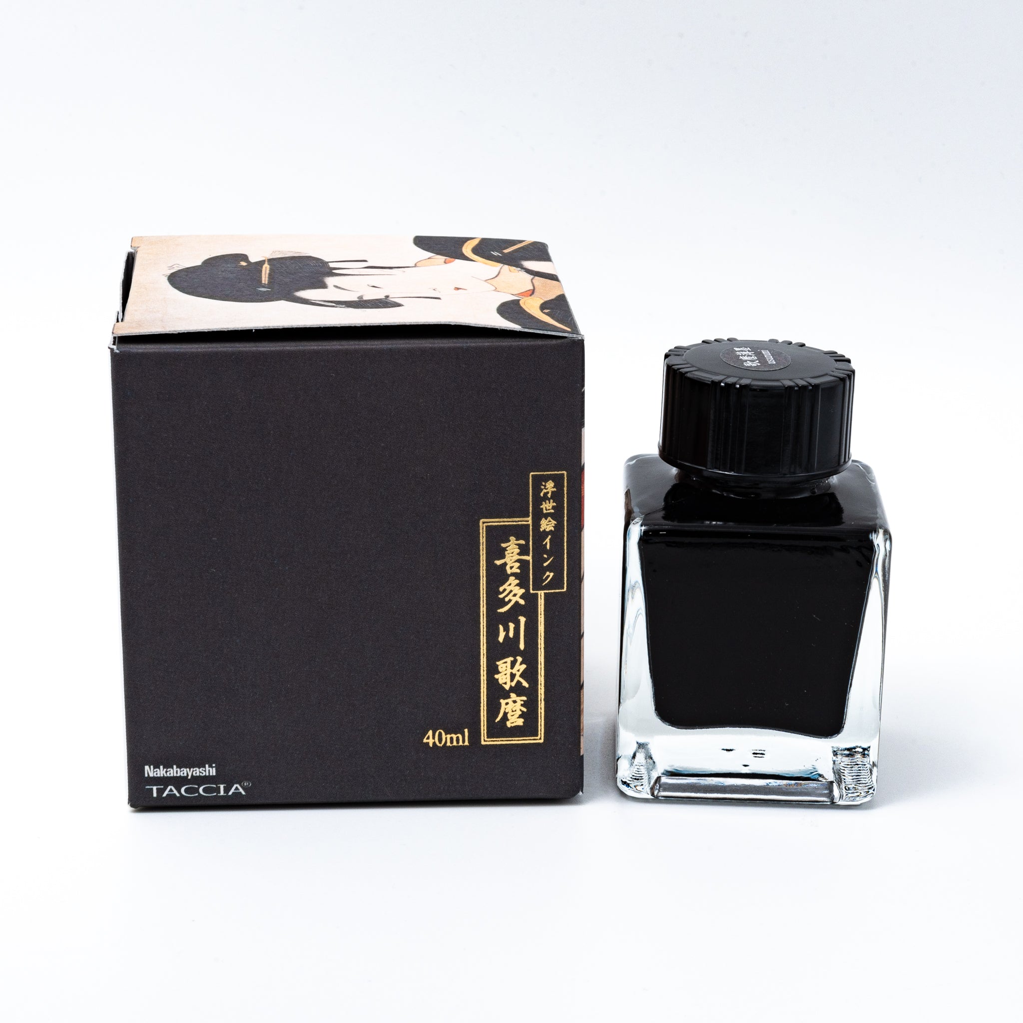 Japanese stationery fountain pen ink. The packaging features Ukiyo-e style art of two women, with gold accents. The glass bottle contains 40ml of gray "Usuzumi" ink.  