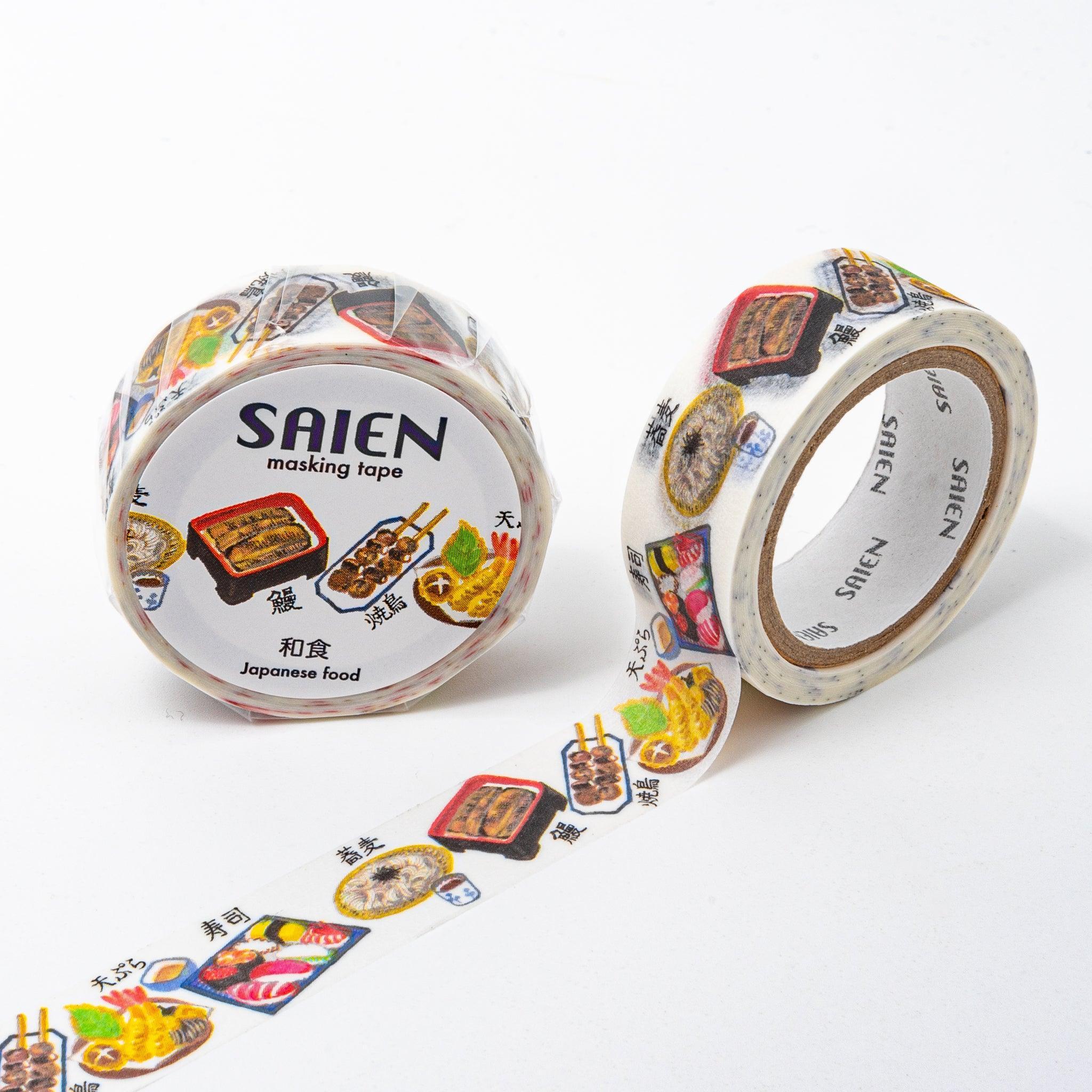 White washi tape from Japanese stationery brand SAIEN, featuring colorful illustrations of Japanese dishes like sushi, tempura, yakitori, and grilled eel on a speckled white background.  