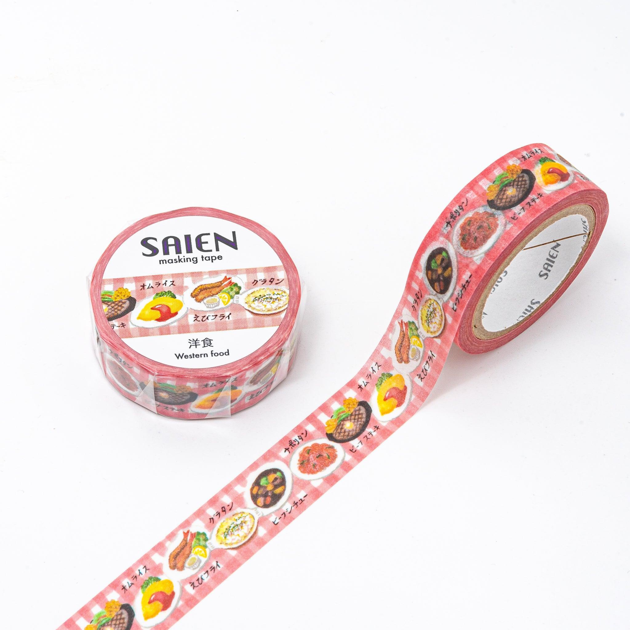 Red washi tape from Japanese stationery brand SAIEN, featuring illustrations of Western foods like omelette rice, gratin, shrimp fry, and hamburger steak on a gingham background.  