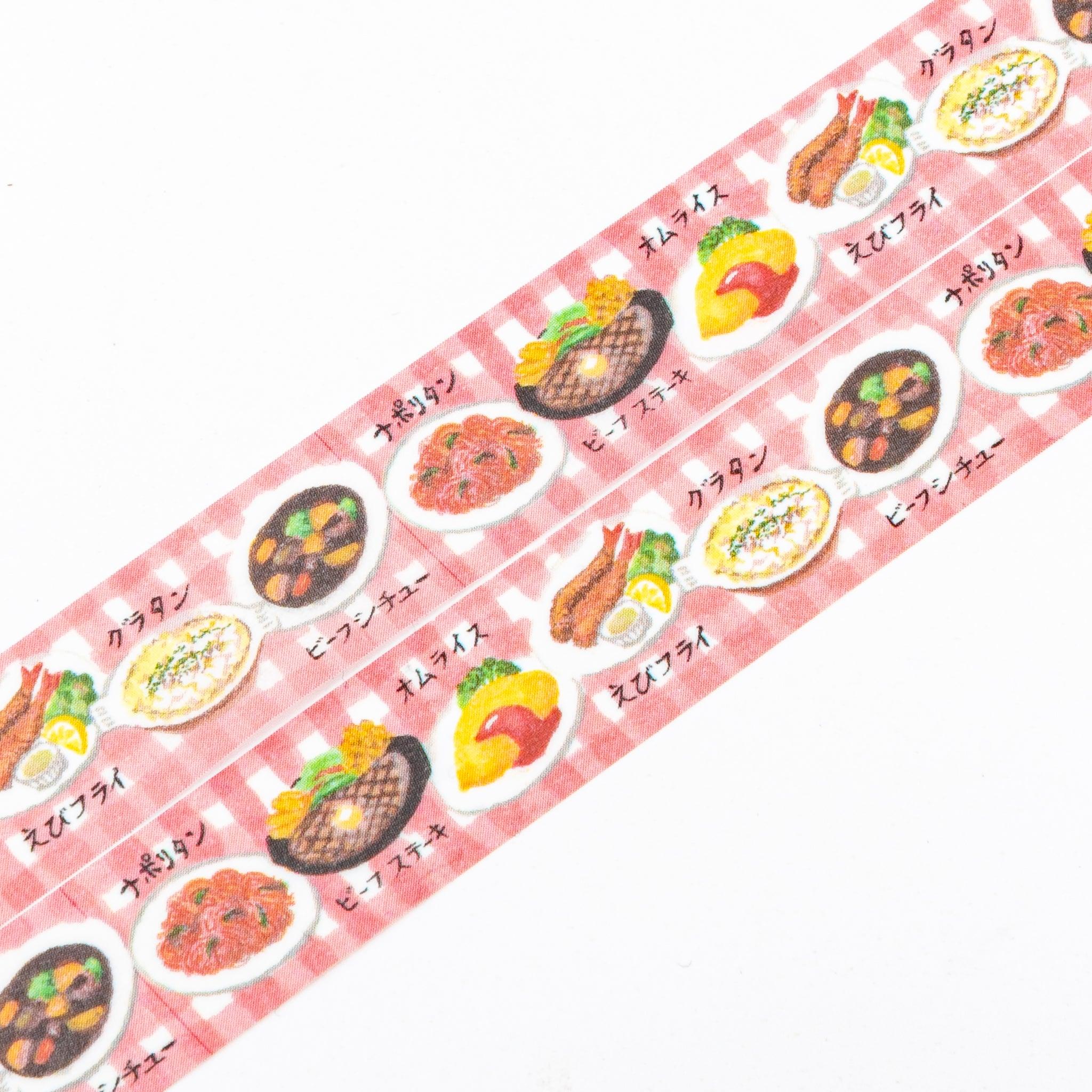 Red washi tape from Japanese stationery brand SAIEN, featuring illustrations of Western foods like omelette rice, gratin, shrimp fry, and hamburger steak on a gingham background.  