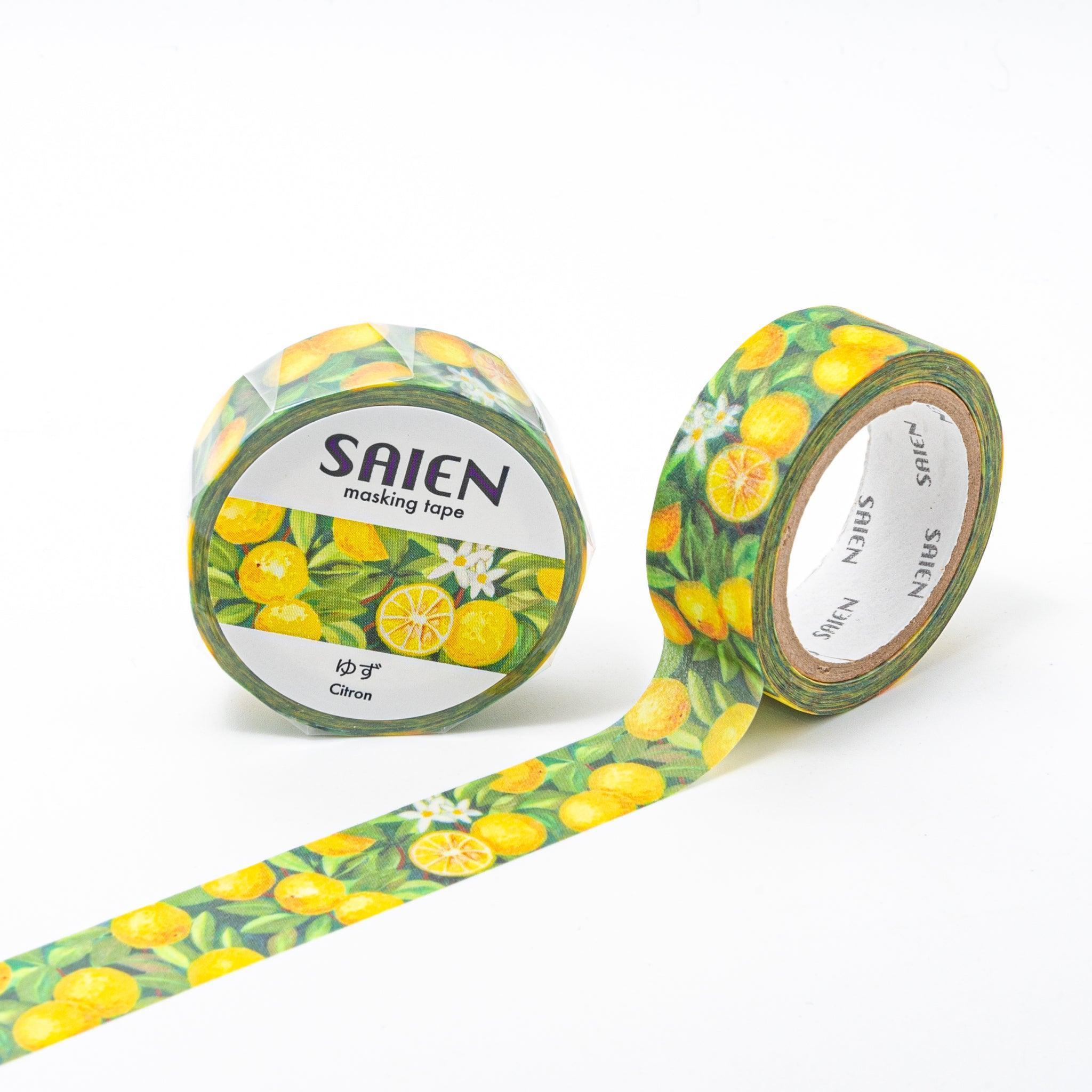 Green washi tape from Japanese stationery brand SAIEN, featuring vibrant illustrations of yellow yuzu citrus fruits, leaves, and blossoms on a lush green background.  