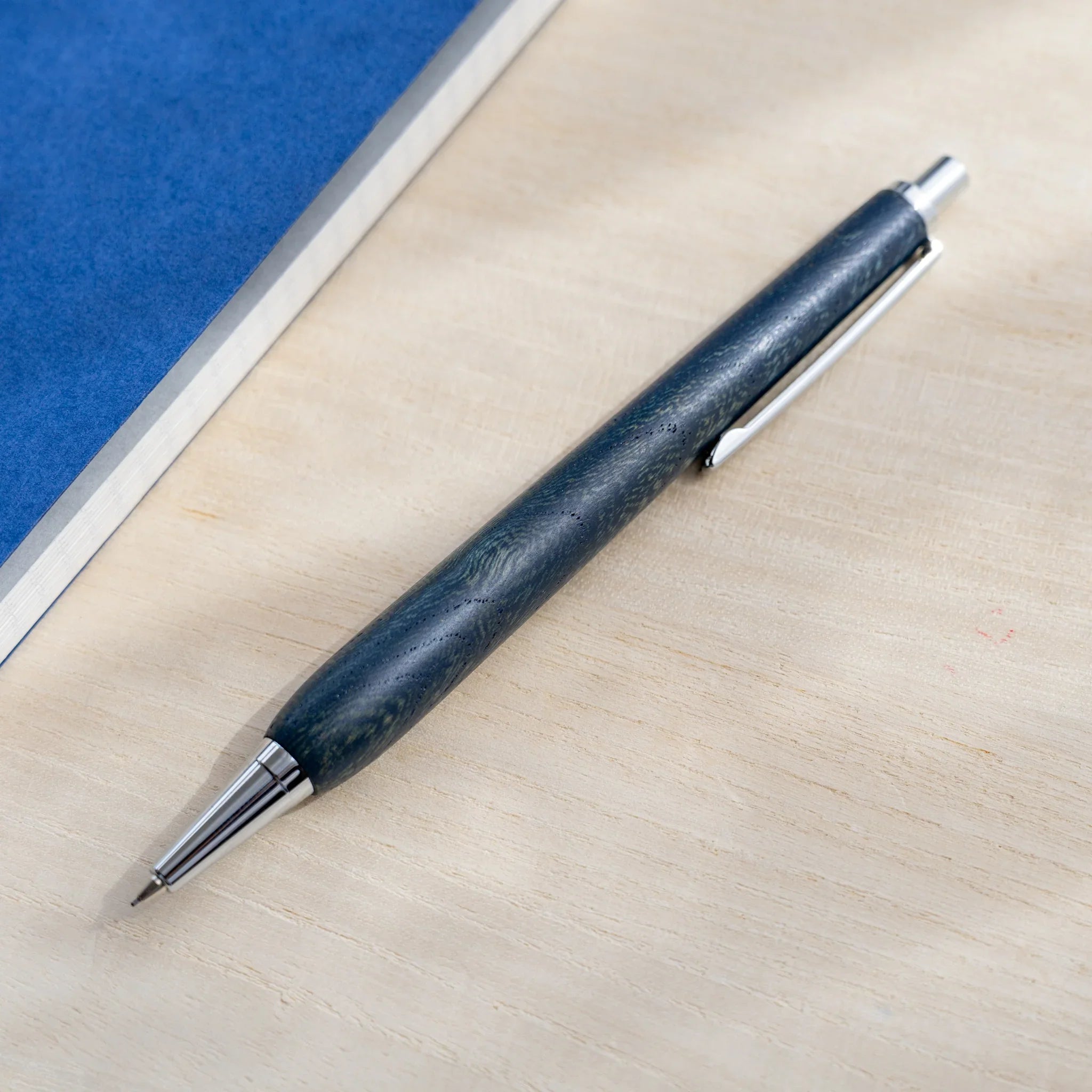 Zelkova wood urushi lacquered mechanical pencil in indigo blue, Japanese keyaki wood, silver knock and clip