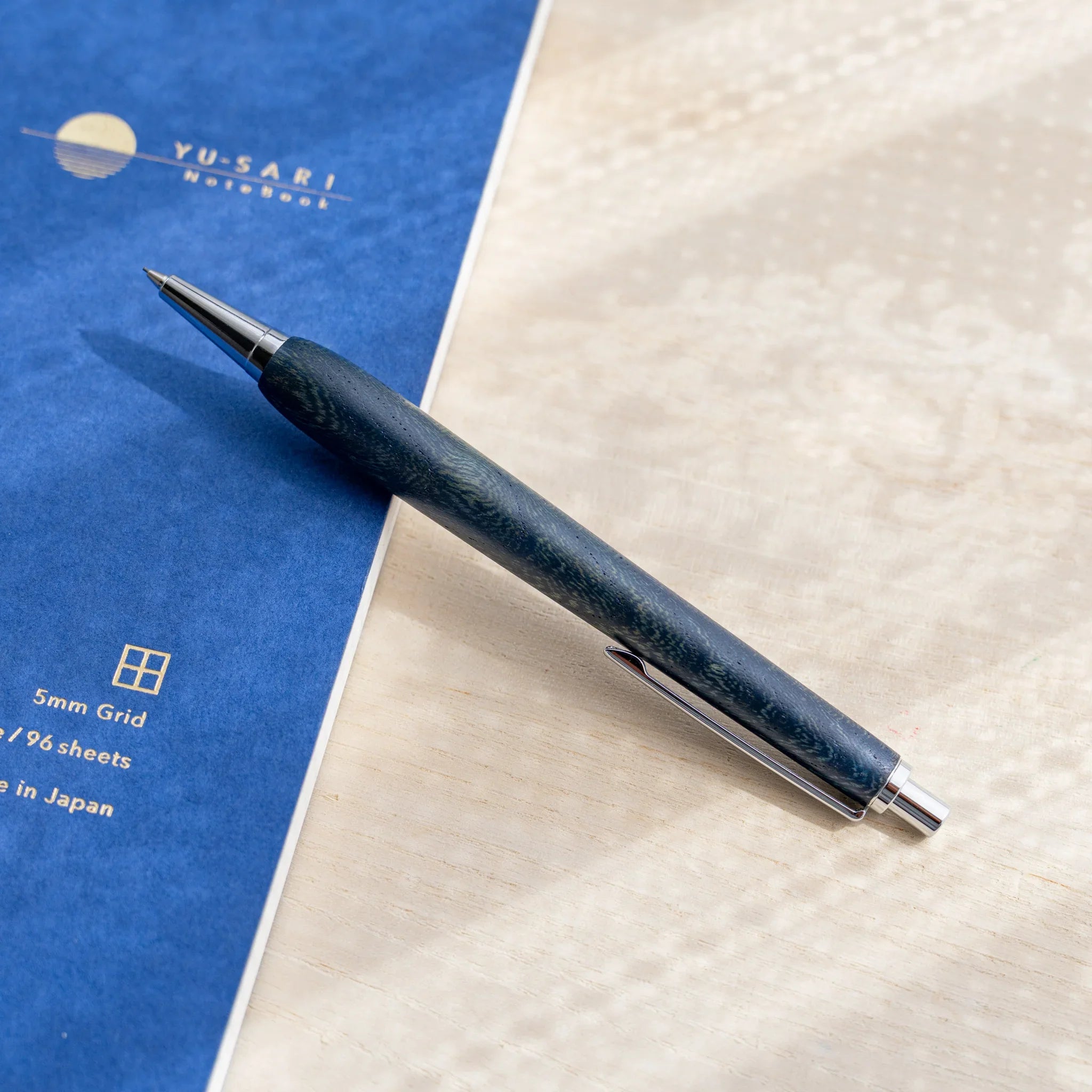 Zelkova wood urushi lacquered mechanical pencil in indigo blue, Japanese keyaki wood, full-body view
