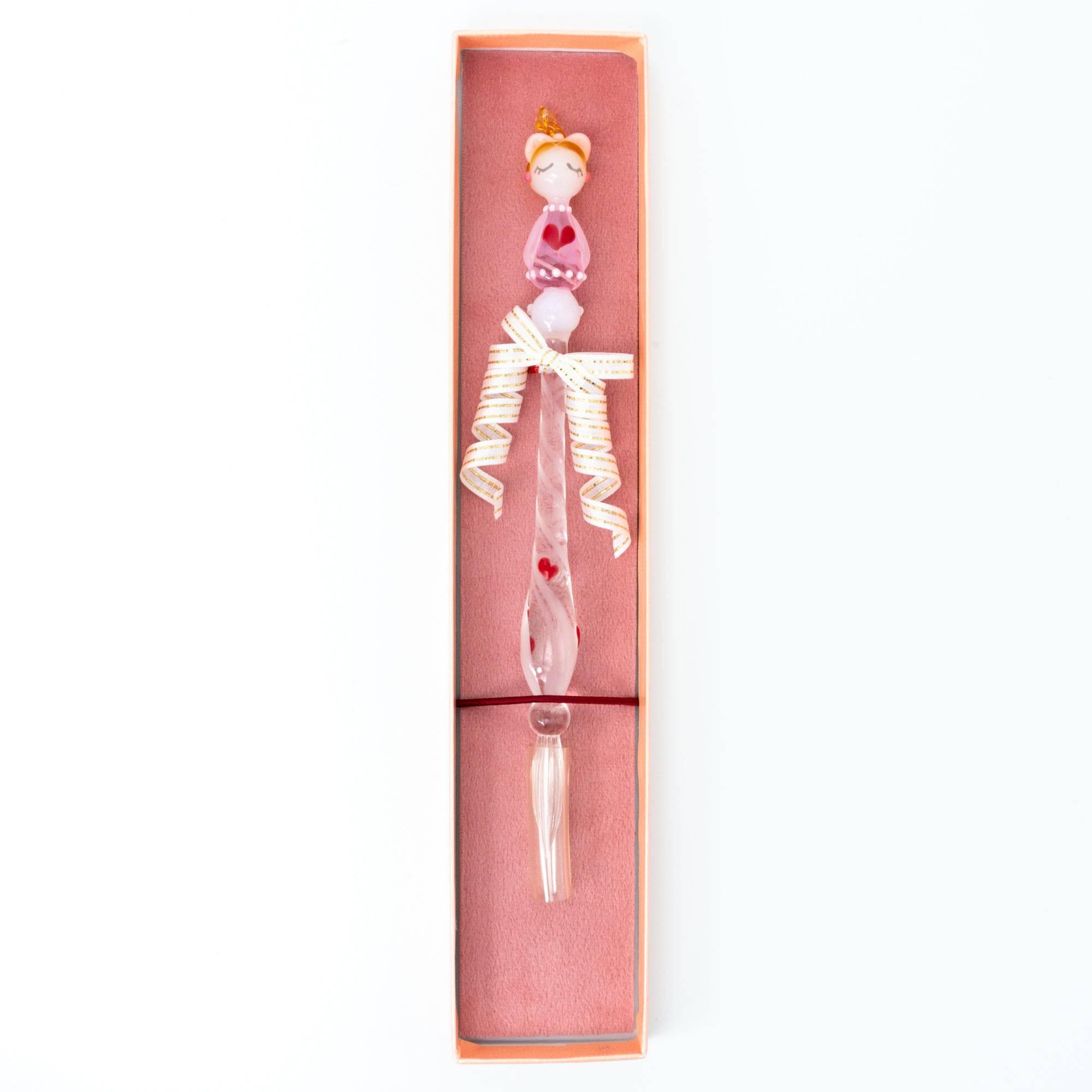 Fashionable Lady Lovery-chan glass pen with a heart pattern, elegantly presented in a pink box with a ribbon. Perfect gift for stationery lovers.