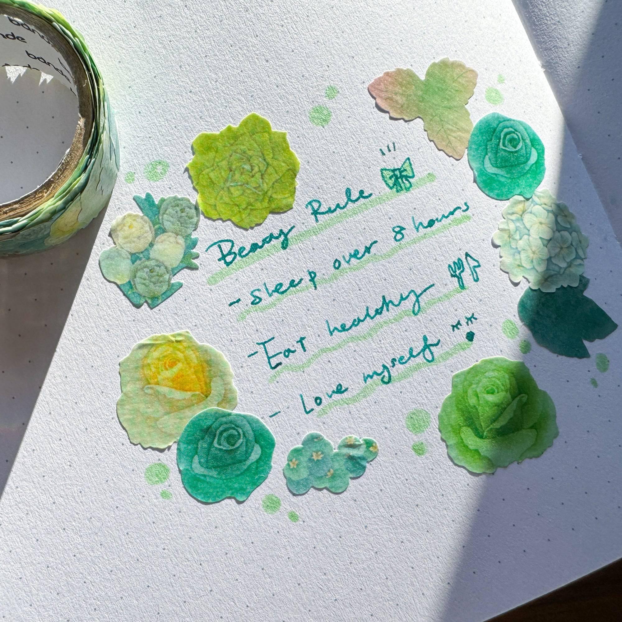 Green Rose Bouquet Washi Tape Sticker Roll - Bande - Komorebi Stationery