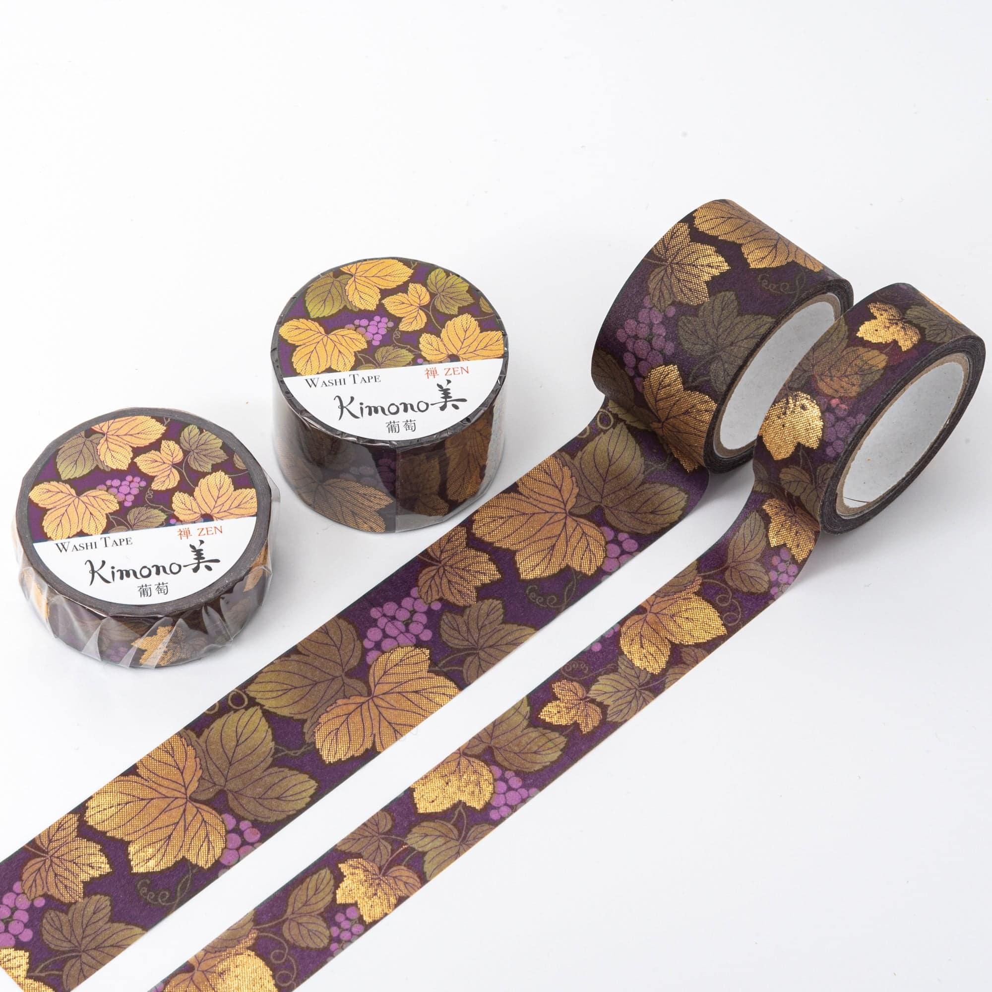 Kimono Beauty Series Iyo Washi Tape featuring grape motifs, elegantly displayed on a wooden surface with traditional Japanese charm.  