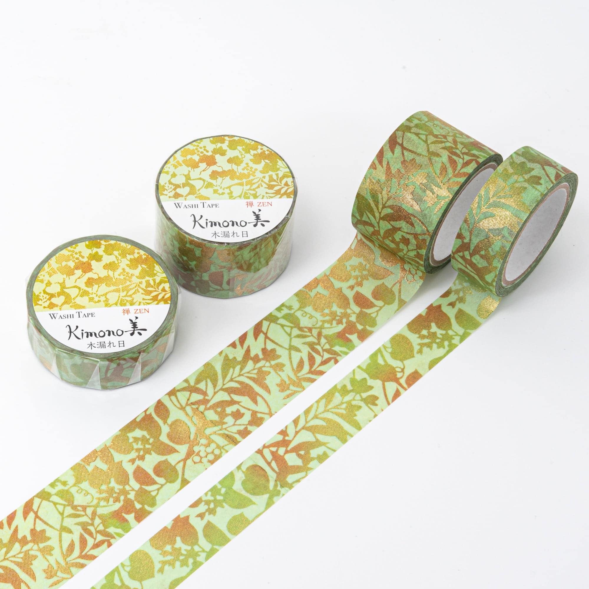 Kimono Beauty Series Iyo Washi Tape featuring Komorebi-inspired motifs, elegantly displayed on a wooden surface with subtle charm.  